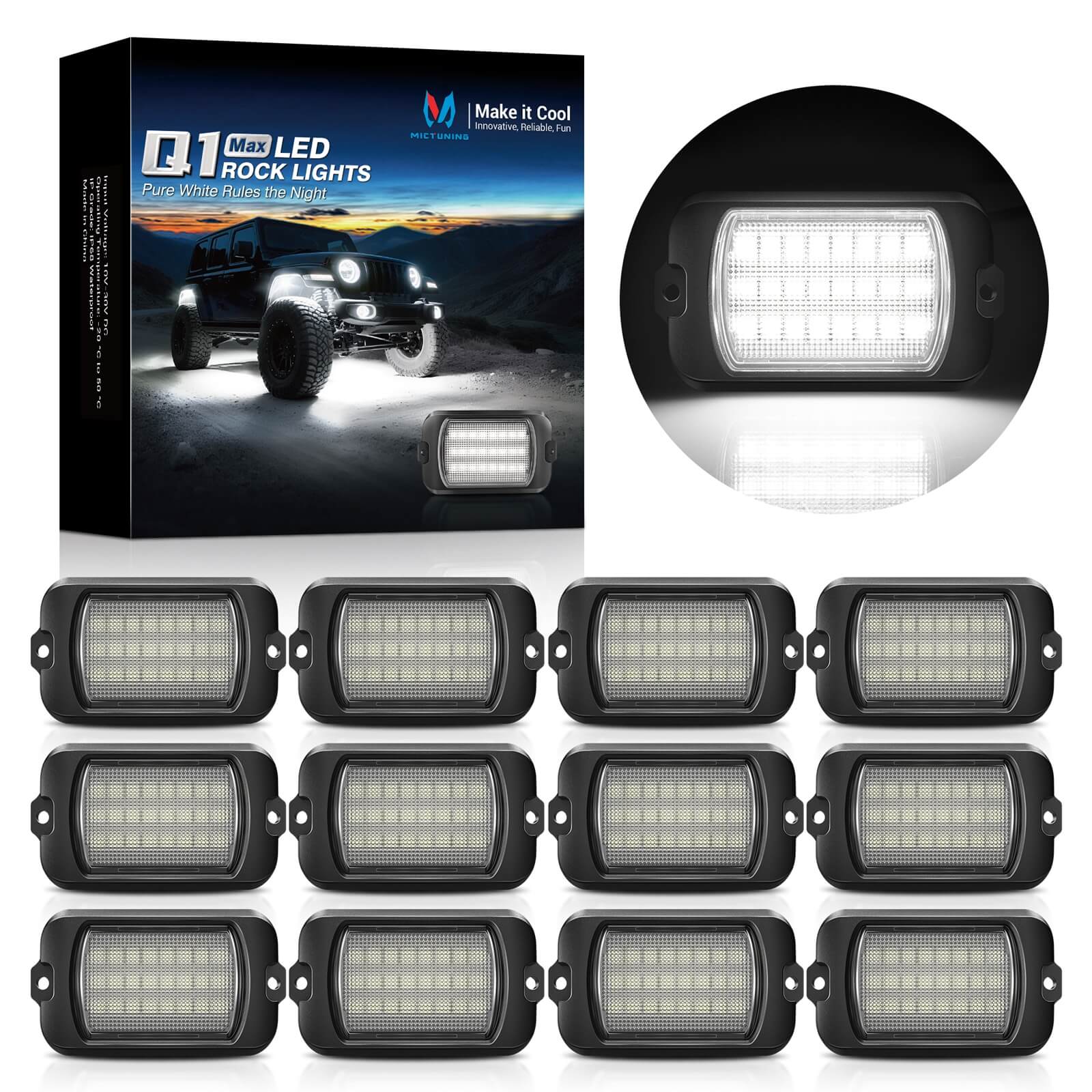 Q1 MAX White Rock Lights - 4-12 Pods Underglow Lights Compatible for Car Truck Offroad Boat, IP68 Waterproof