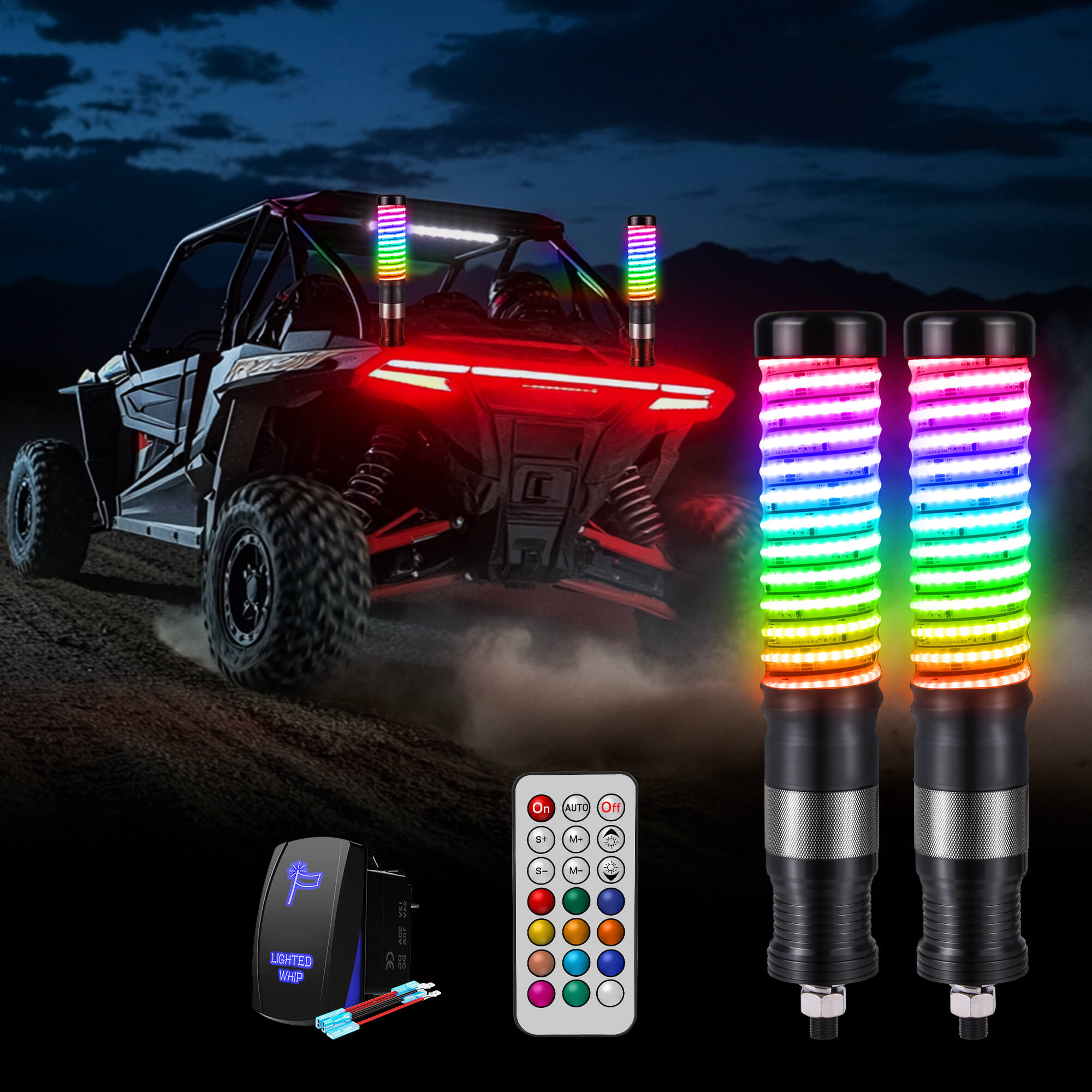 1FT/2FT Fat Whip Light COB LED RGB+IC Chasing Colors, Remote Control, 2pcs