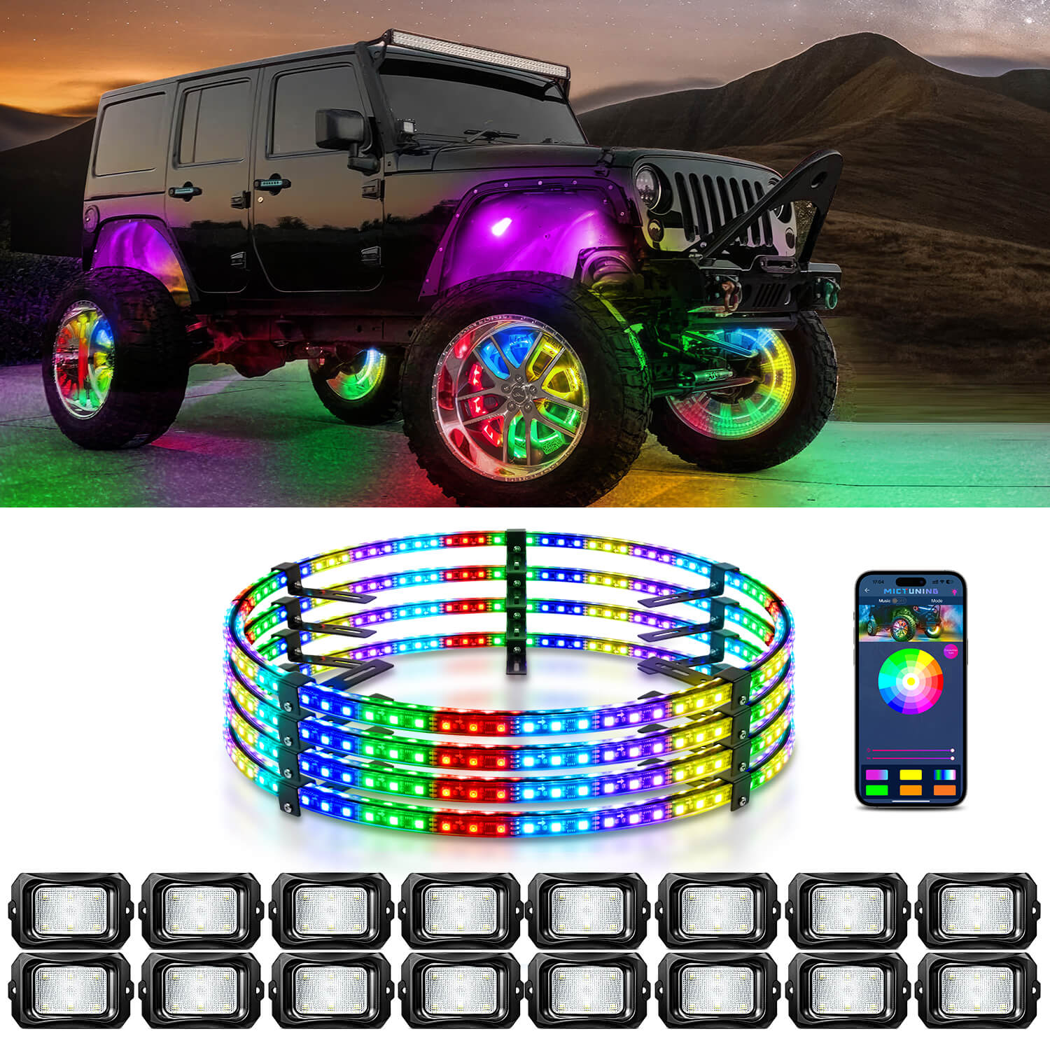 C2 RGB+IC LED Rock Lights Kit Bundle with 15.5″/17″ V1 RGB+IC Wheel Ring Lights Kit