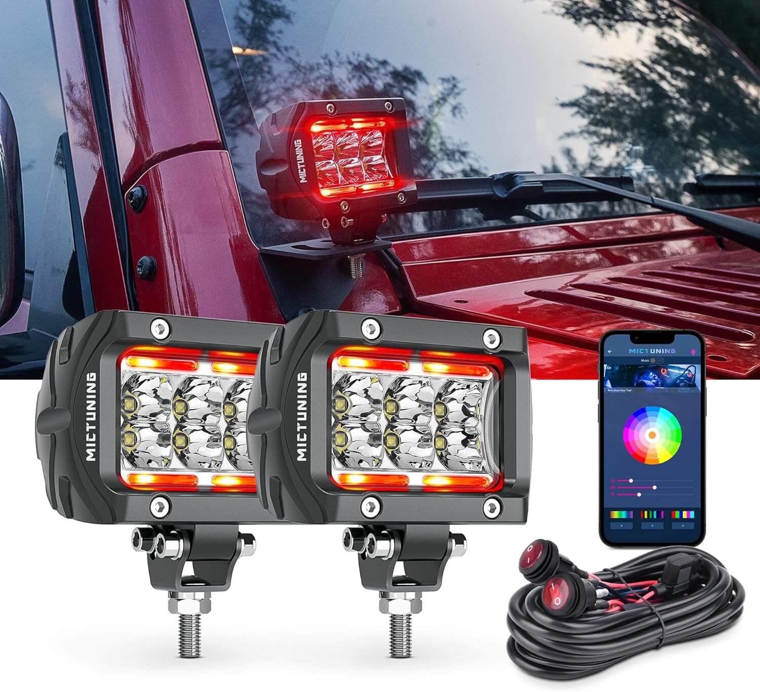 K1 RGBW LED Pods Light Atmosphere Light 2pcs - 4 Inch 18W Off Road Combo Driving Lights with APP, Control Box