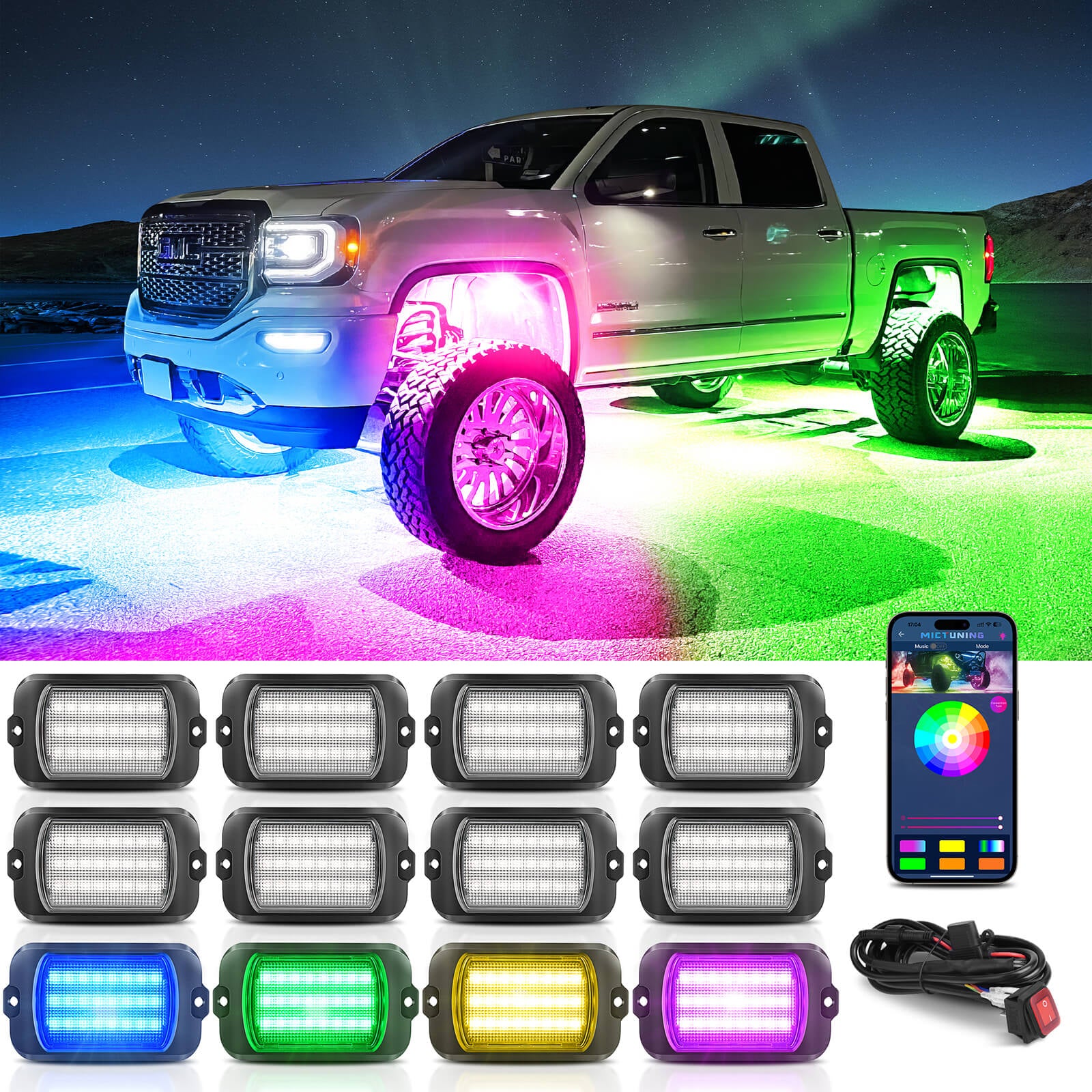 Newest Q1 Max RGB+IC Rock Lights Chasing Dream Color, 8-12 Pods, Extensible Up to 24 Pods, APP Control, IP68 Waterproof