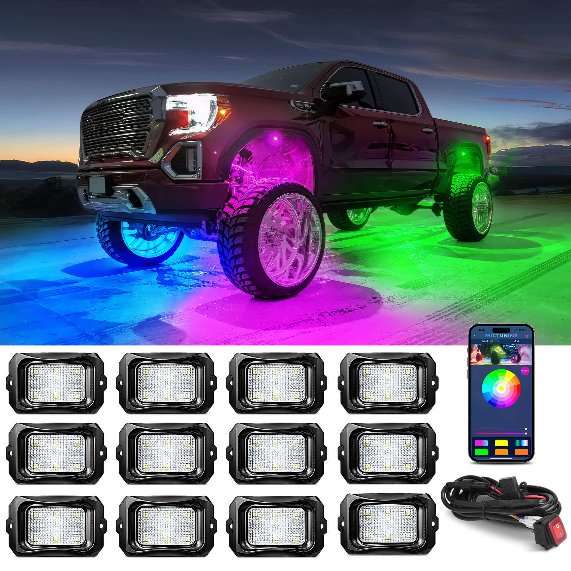 RGB+IC Chasing Color LED Rock Lights for Trucks, Jeep, ATV, UTV, MICTUNING Underglow Lighting Kit, 12 Pods