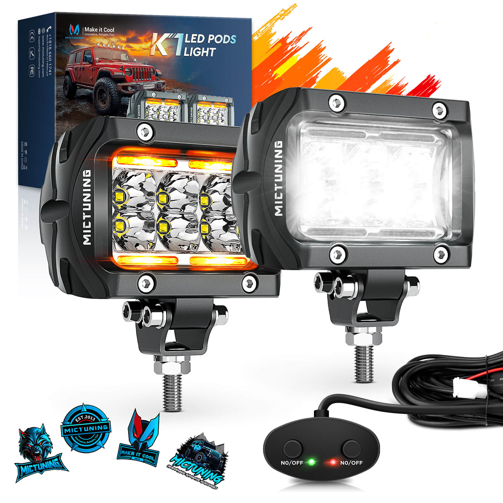 K1 LED Pods Light with Wire Harness, 2pcs 4 Inch IP68 Waterproof Led Off Road Lights Super Bright Driving Fog Light, Flood/Spot