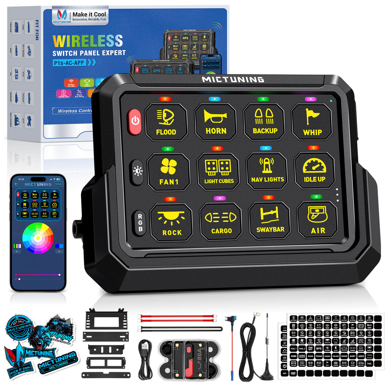 Upgraded P1s-AC-APP Wireless RGB Switch Panel with App Control, 8/12 Gang, 262FT Range, Aluminum Alloy 4 Control Modes