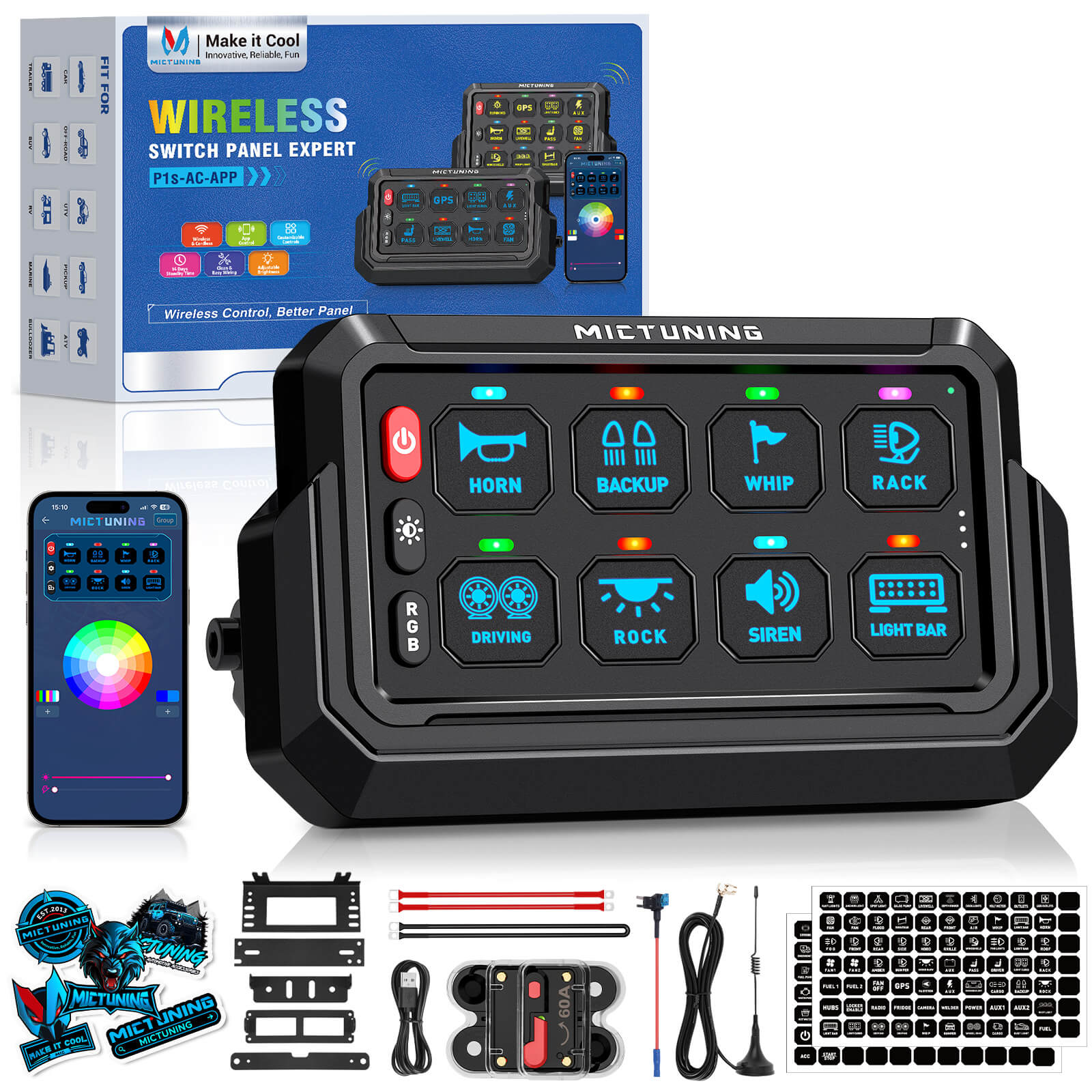 Upgraded P1s-AC-APP Wireless RGB Switch Panel with App Control, 8/12 Gang, 262FT Range, Aluminum Alloy 4 Control Modes