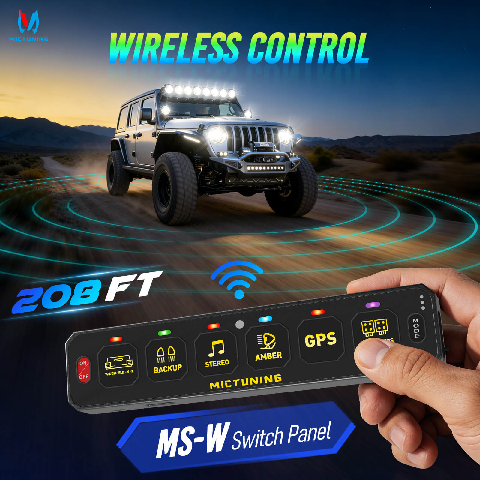 MS-W Slim Wireless Switch Panel Up to 208FT Range 6 Gang/8 Gang Bundle with C4 4-Sided RGBW LED Rock Lights 8-16 Pods