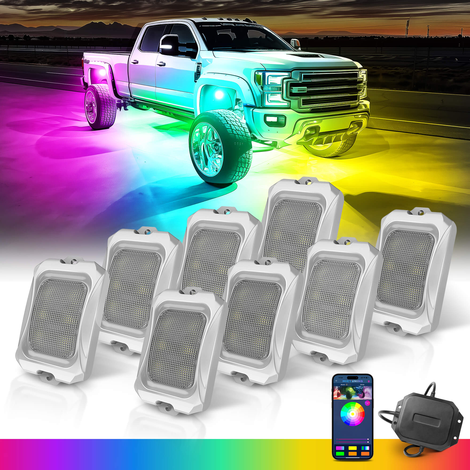 C2 Max RGB+IC Chasing Color Rock Lights Kit, 8/16 Pods, IP68 Waterproof, White