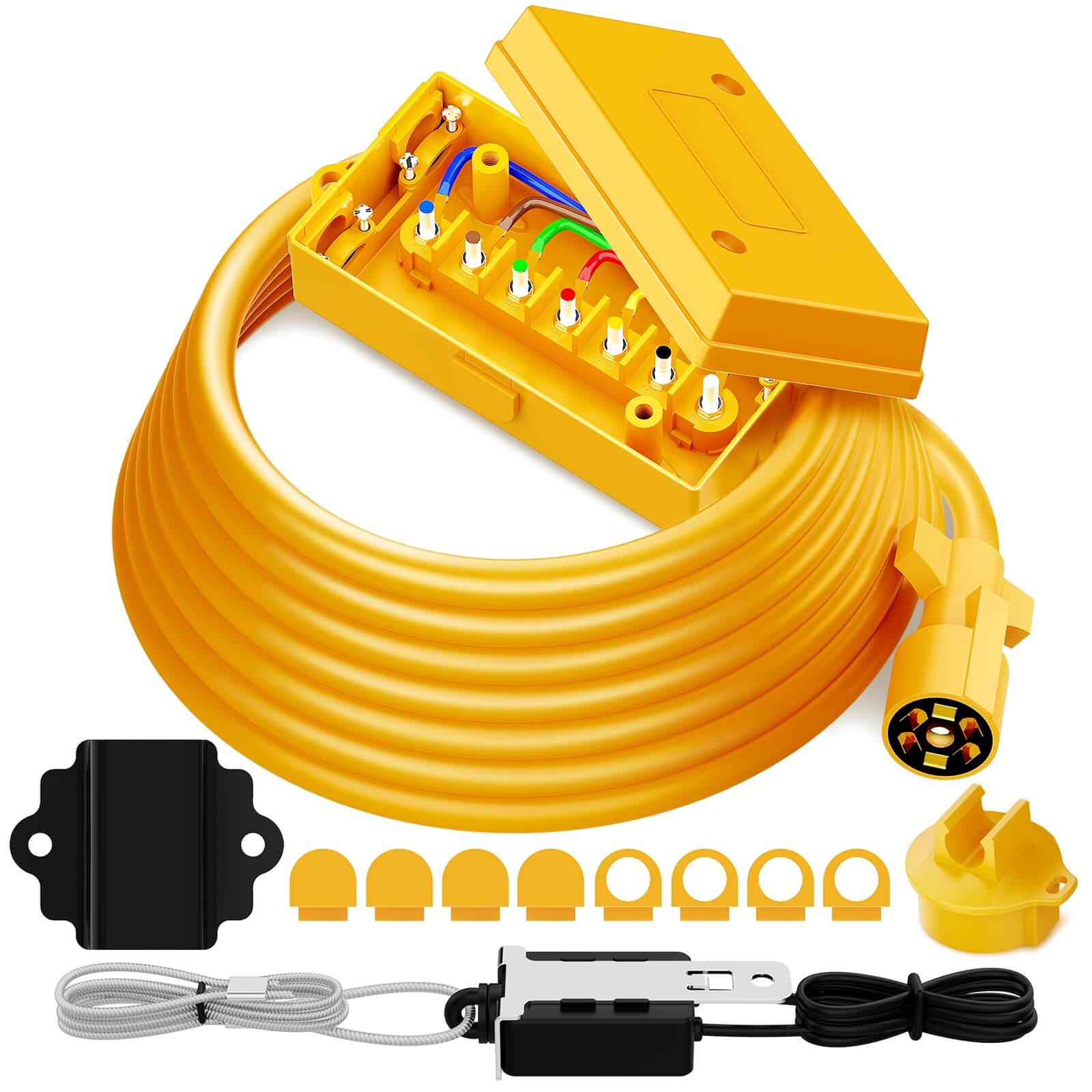 8/12 FT Heavy Duty 7 Way Trailer Cord Plug Connector with Yellow Cover 7 Gang Junction Box, Weatherproof
