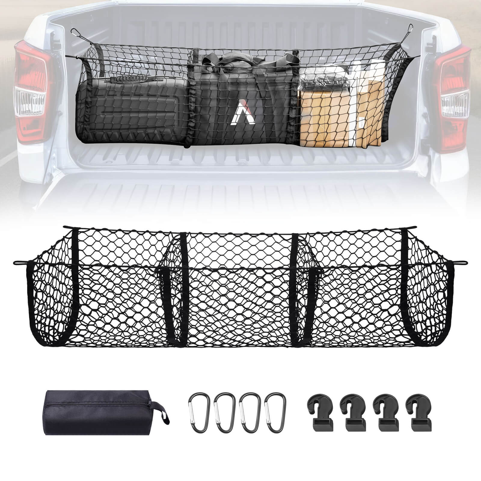 3 Pocket Mesh Cargo Net, Elastic Stretchable Cargo Organizer Storage Net for Car, SUV, Pickup Truck Bed with Metal Carabiners Storage Bag