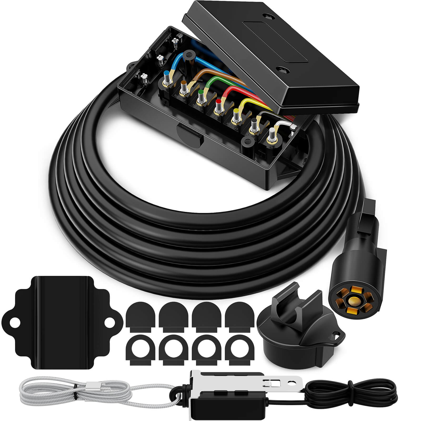 8 FT Black Heavy Duty 7 Way Plug Inline Trailer Cord with 7 Gang Junction Box,12V Breakaway Switch and Plug Holder