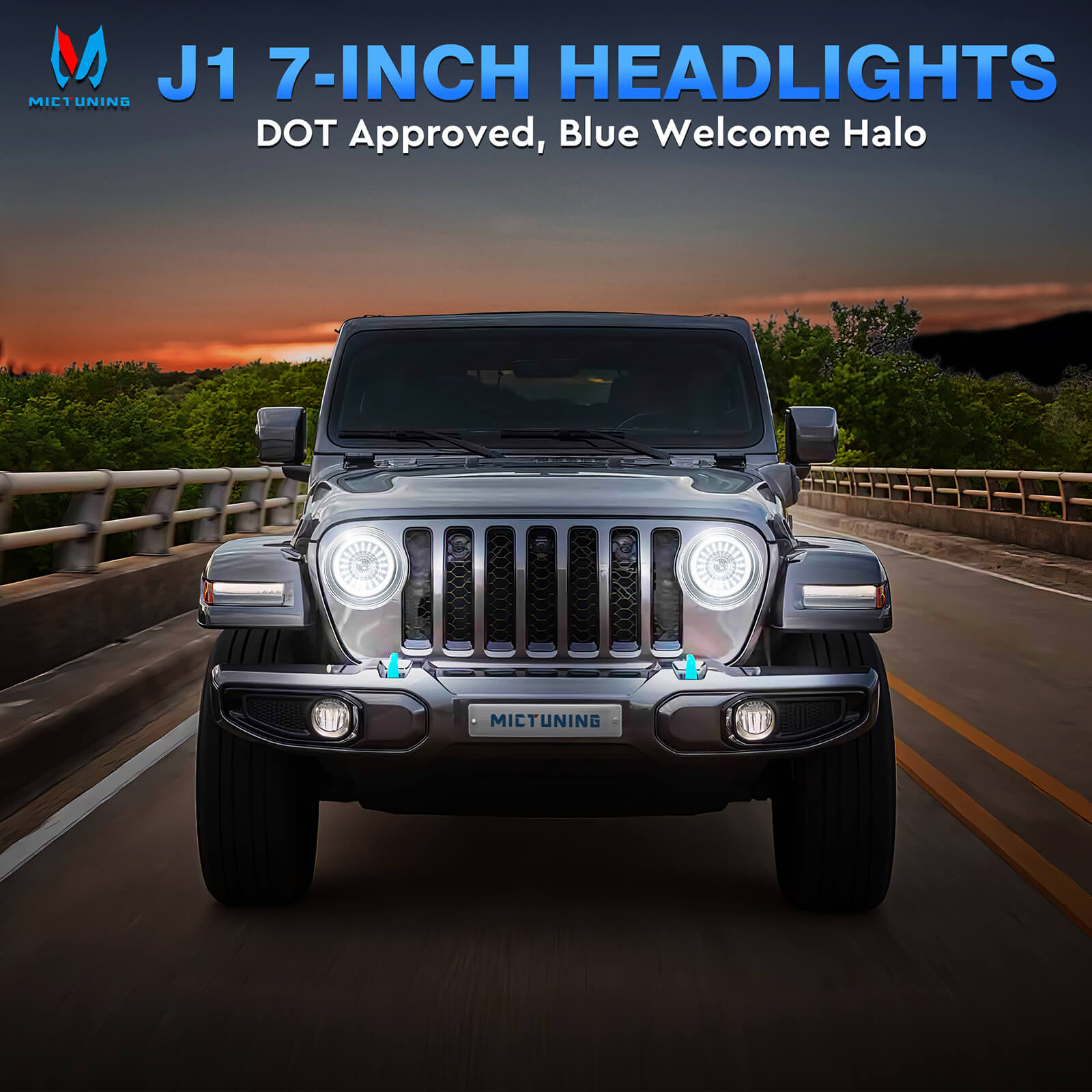 J1 New 7-inch LED Headlights with Blue Welcome Halo, DOT Approved Anti-Glare, Round H6024 Assembly