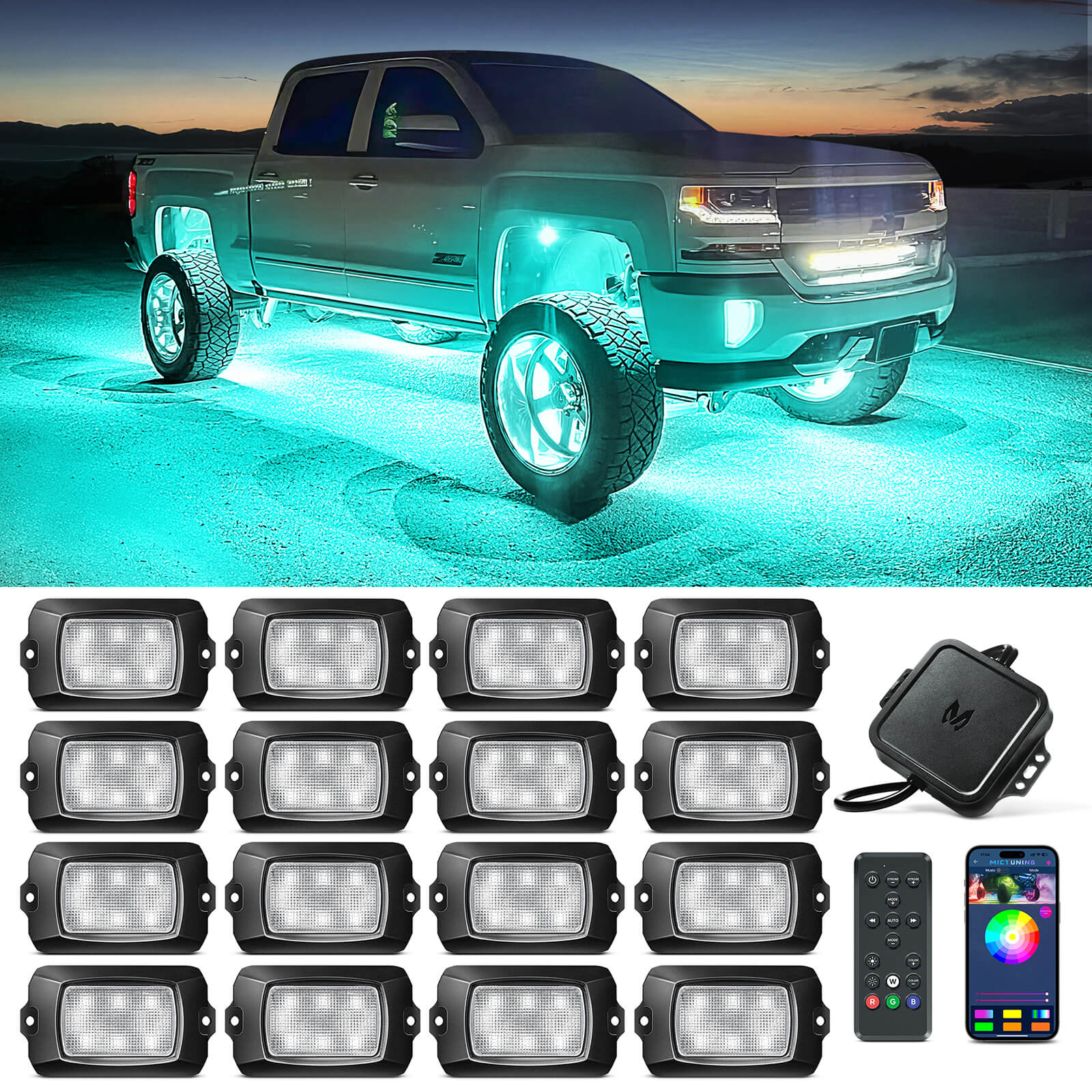 OPT7 AURA Quantum RGBW Rock Light Kit 4 Pods Remote IP68 OPT7 AURA Quantum 4-Piece RGBW LED Rock Light Kit - 1600 Lumens Per Pod, IP68 Waterproof, With Remote Control Under Glow - Foto 5