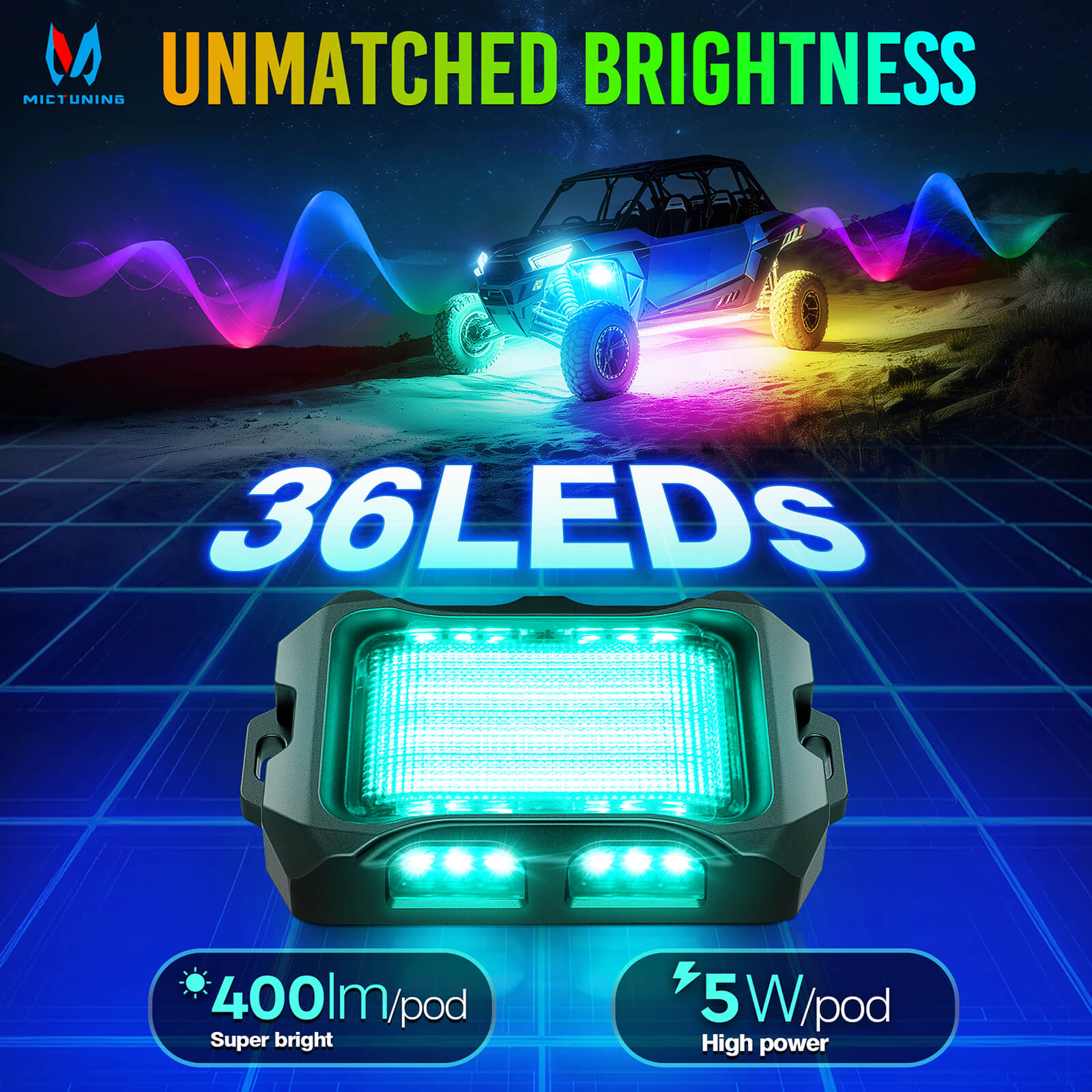 Newest Q2 MAX RGB+IC Rock Lights, 8-16 Pods Multi-Color DIY Effect Underglow Neon Kit, Individual Group Control, Extensible Up to 20 Pods, APP Control