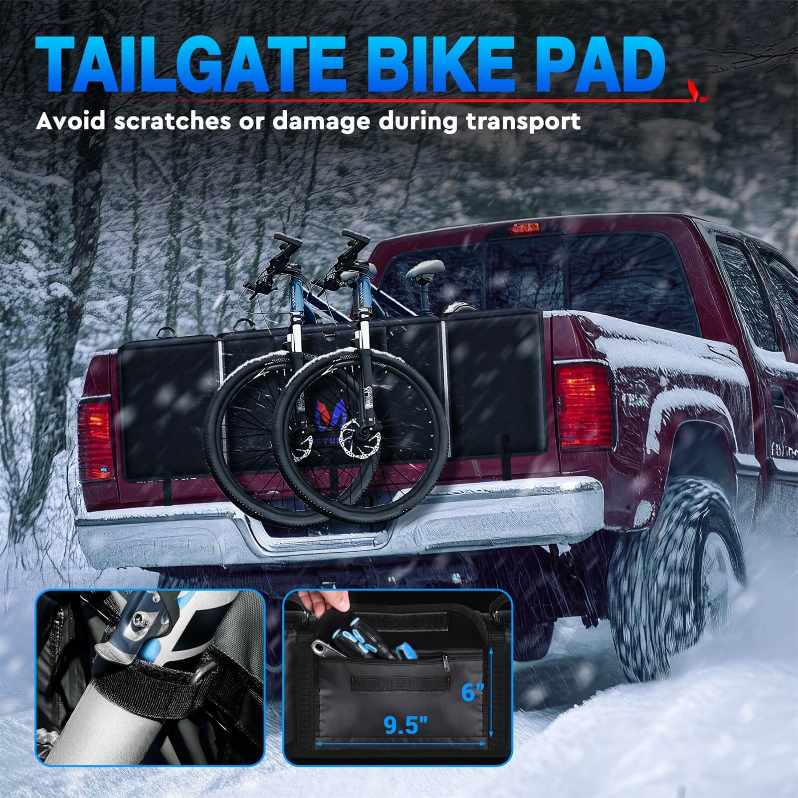 Tailgate Bike Pad for Mountain Bike, Secure 2 Bikes/5 Bikes on Truck, with Reflective Strips and Tool Pocket