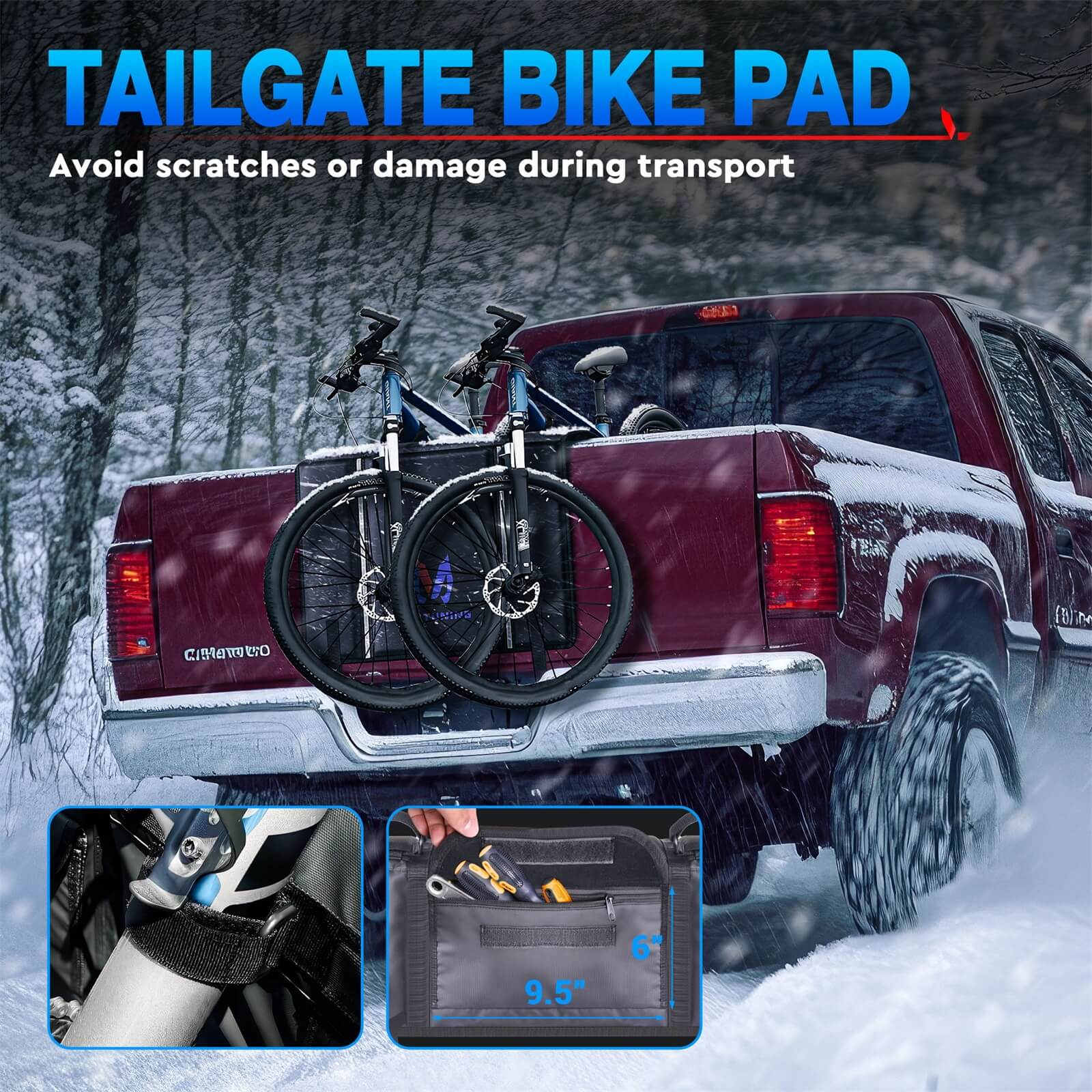 Tailgate Bike Pad for Mountain Bike, Secure 2 Bikes/5 Bikes on Truck, with Reflective Strips and Tool Pocket