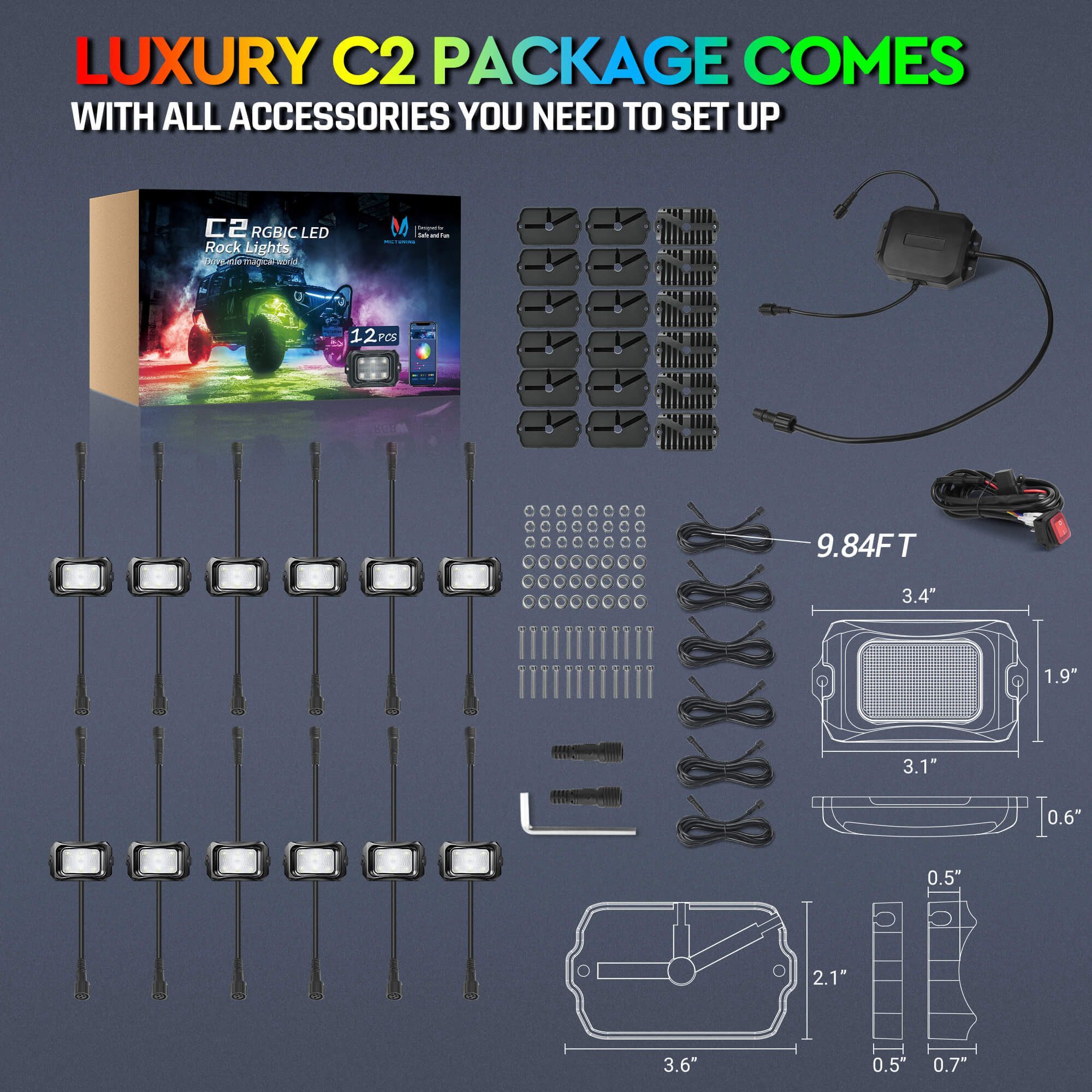 C2 Max RGB+IC Chasing Color Rock Lights 8-24 Pods Bundle with P1s-W Wireless RGB Switch Panel 8/12 Gang, Up to 328FT Range