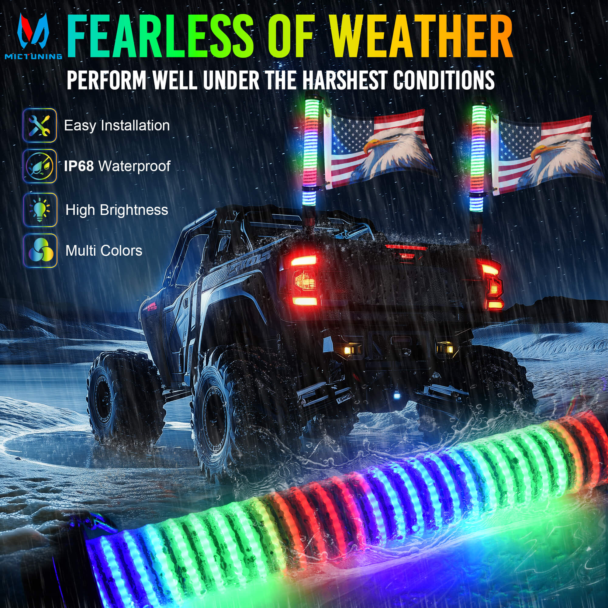 1FT/2FT Fat Whip Light COB LED RGB+IC Chasing Colors, Remote Control, 2pcs