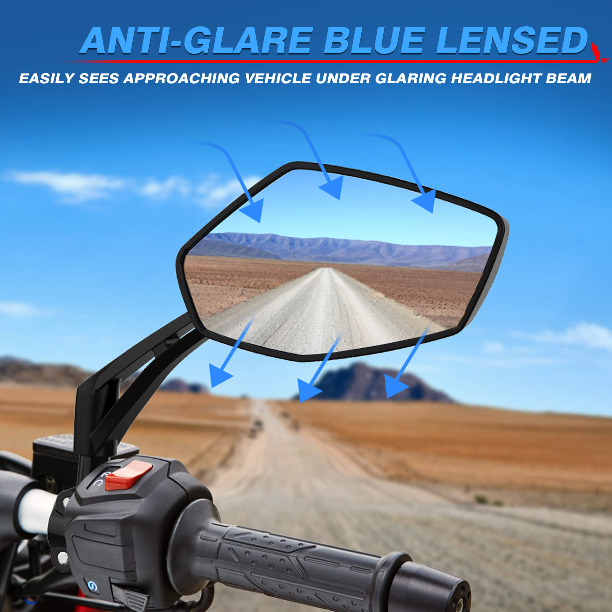 Motorcycle Rearview Mirrors Convex Blue Lens, Impact-Resistant ABS, 180° Rotation Adjustable- Fits M8 M10 Socket or 22mm Diameter Handlebar
