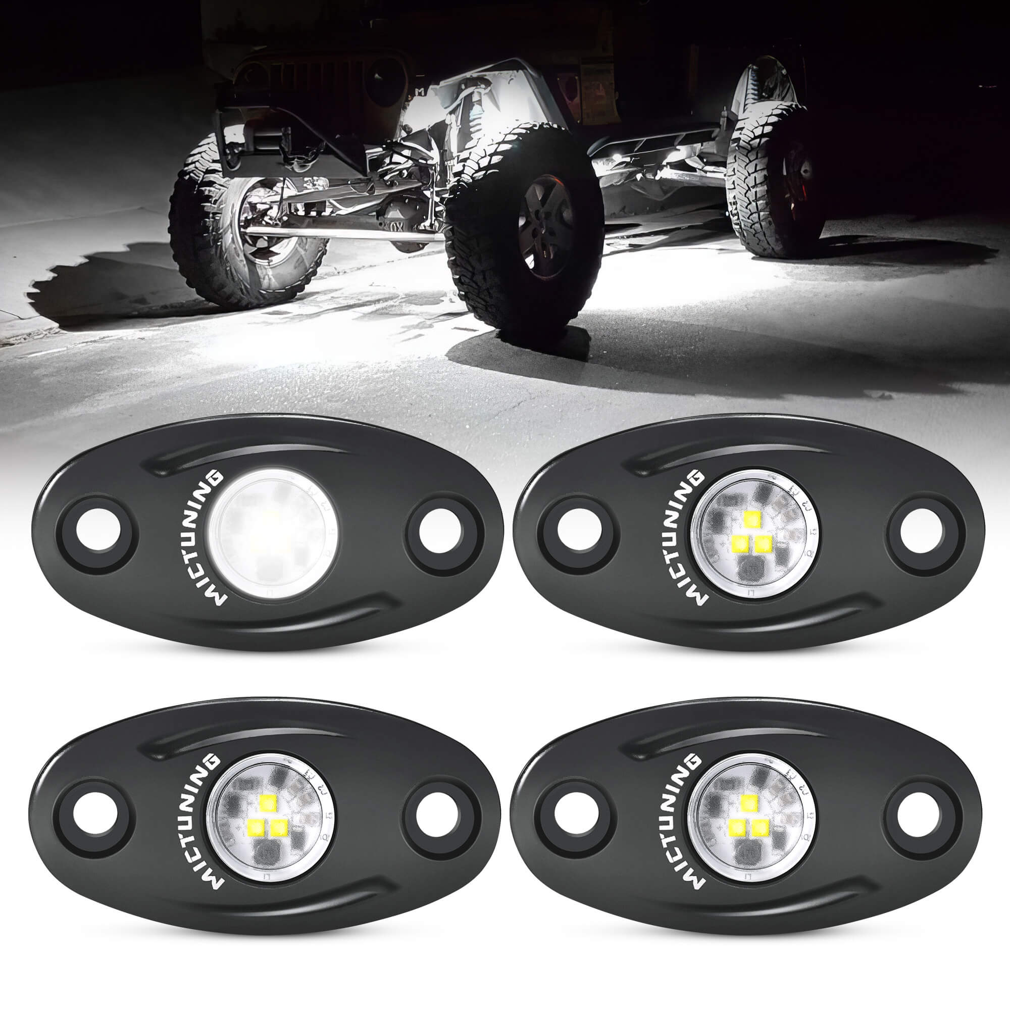 White LED Rock Lights with Wiring Harness 4-8 Pods, Waterproof Underglow Underbody Light Kit