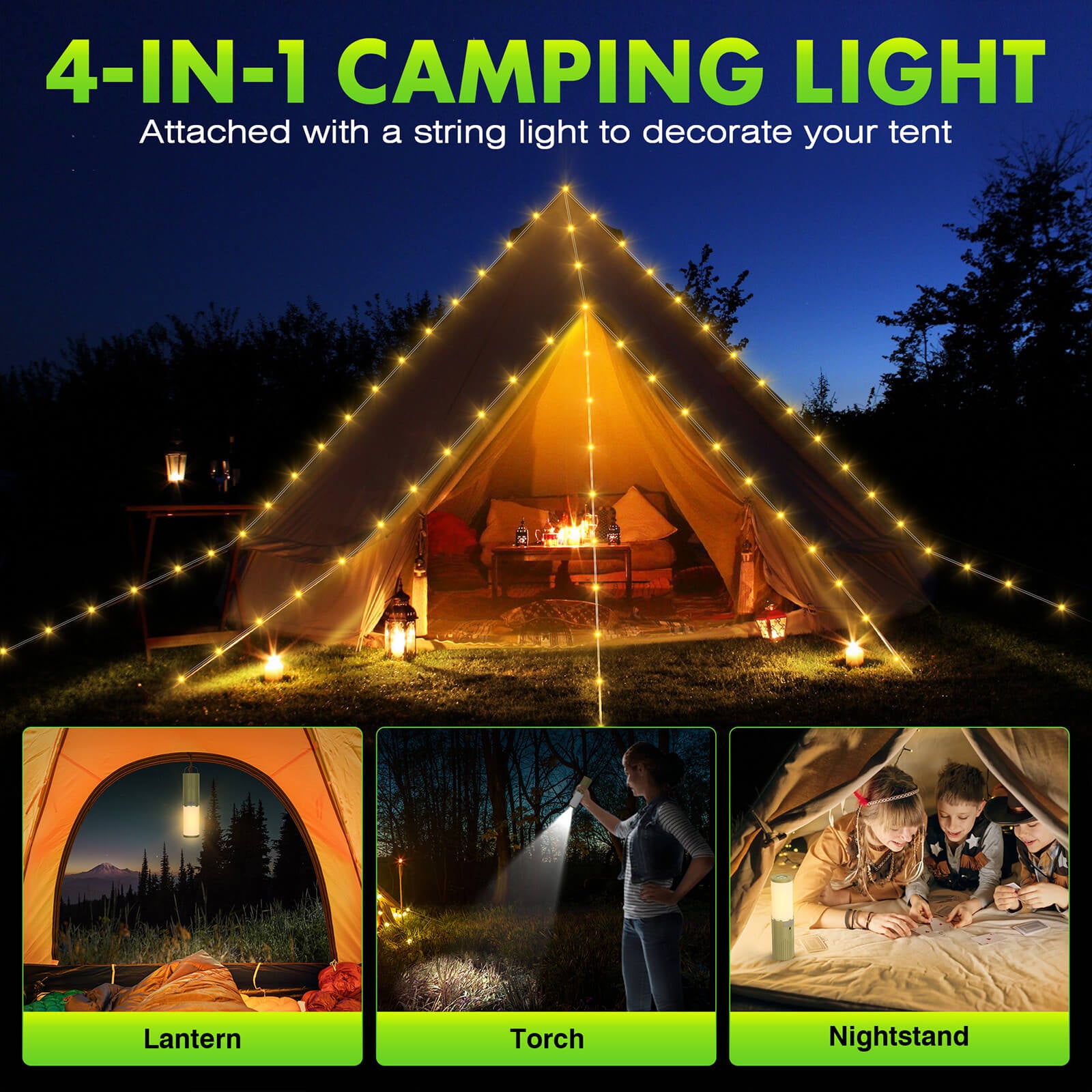 Camping String Light 49ft / Lantern / Flashlight / Portable Nightstand  Lamp, Multifunctional Ambience Outdoor Lighting, Multicolors String/Yellow