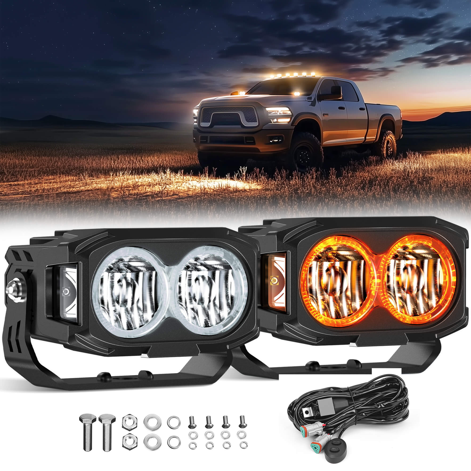 K3 LED Light Pods, 4 Inch Offroad Driving Light Bar with Wiring Harness & Switch, RGB 7 Colors, Flood Beam/Spot Beam, 2PCS