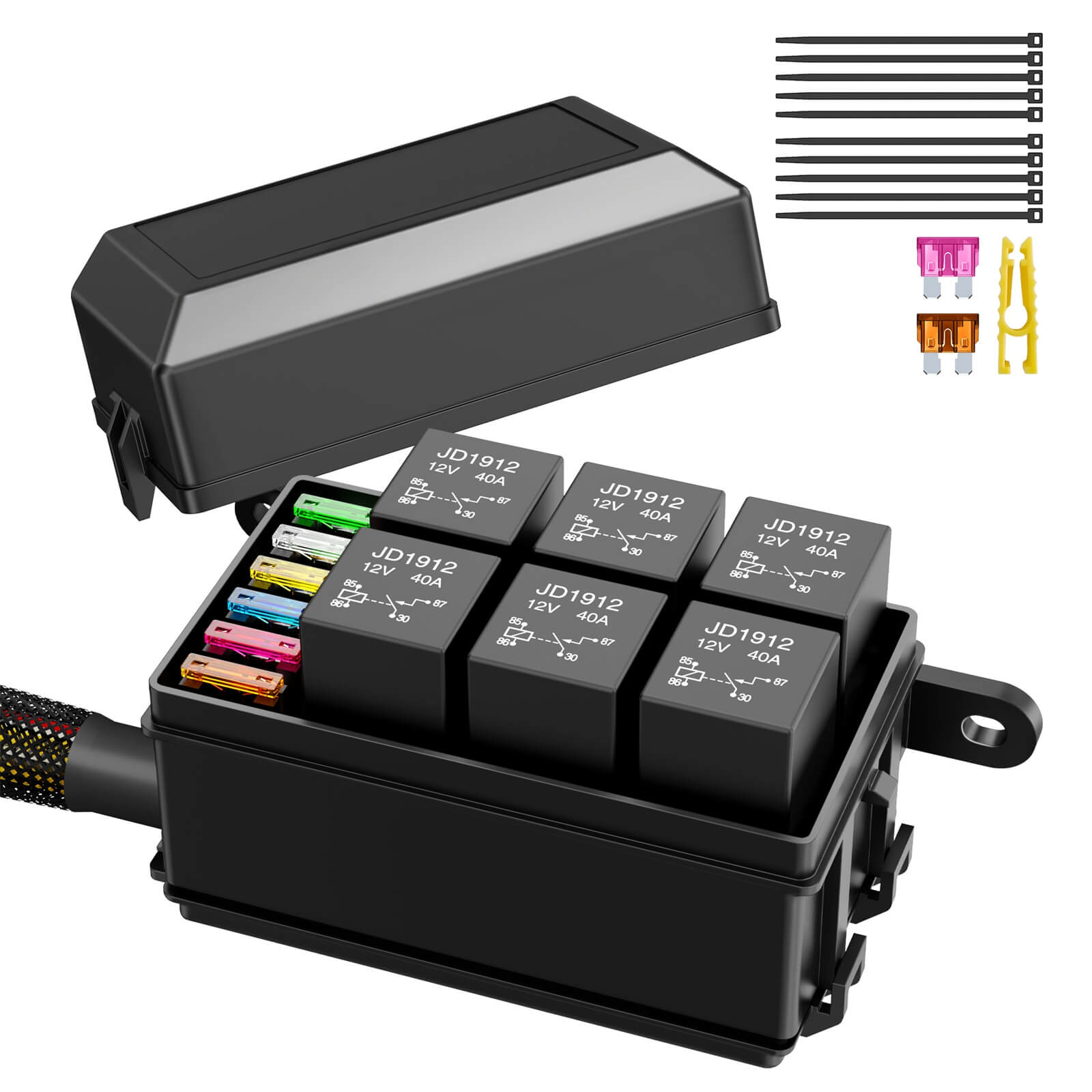 12V Fuse Relay Box 6 Way Pre-Wired Waterproof Relay Box 6 Slot ATC/ATO Fuse Relay Block Universal Relay Panel