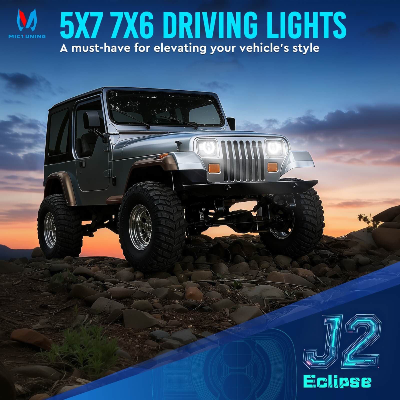 2026 New J2-Ecplise 5x7 7x6 Replace Driving Lights, H6054 Rectangle Anti-glare LED Lamps, DRL Amber Turn Signals, High/Low Beam, for Wrangler Cherokee Chevy GMC Ford