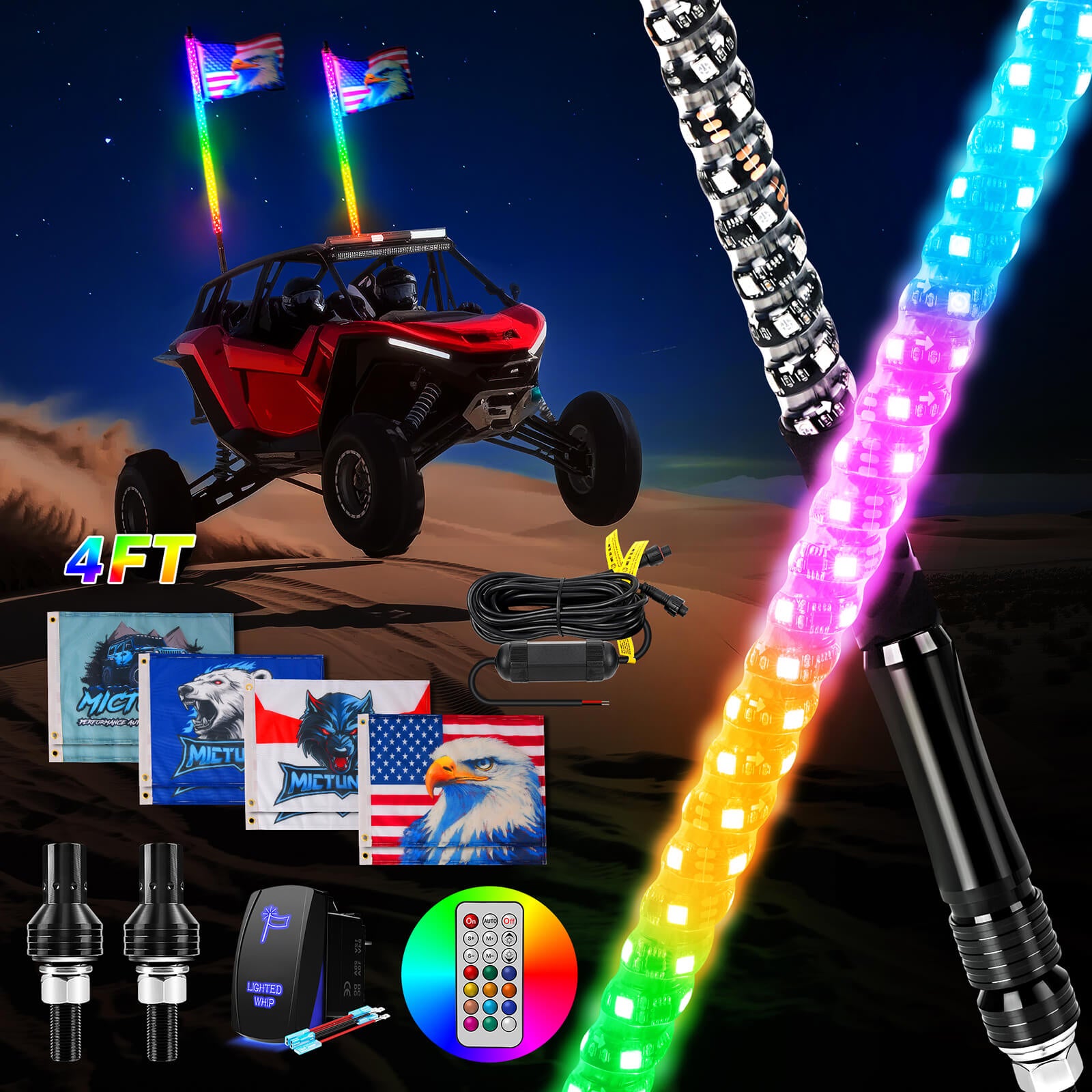 3FT/4FT RGB+IC Chasing Colors LED Whip Light, w/ Remote Control, Rocker Switch & 8 Flags, 1pc/2pcs