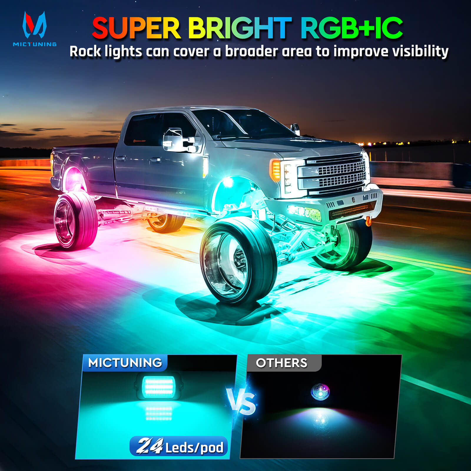 Newest Q1 Max RGB+IC Rock Lights Chasing Dream Color, 8-12 Pods, Extensible Up to 24 Pods, APP Control, IP68 Waterproof