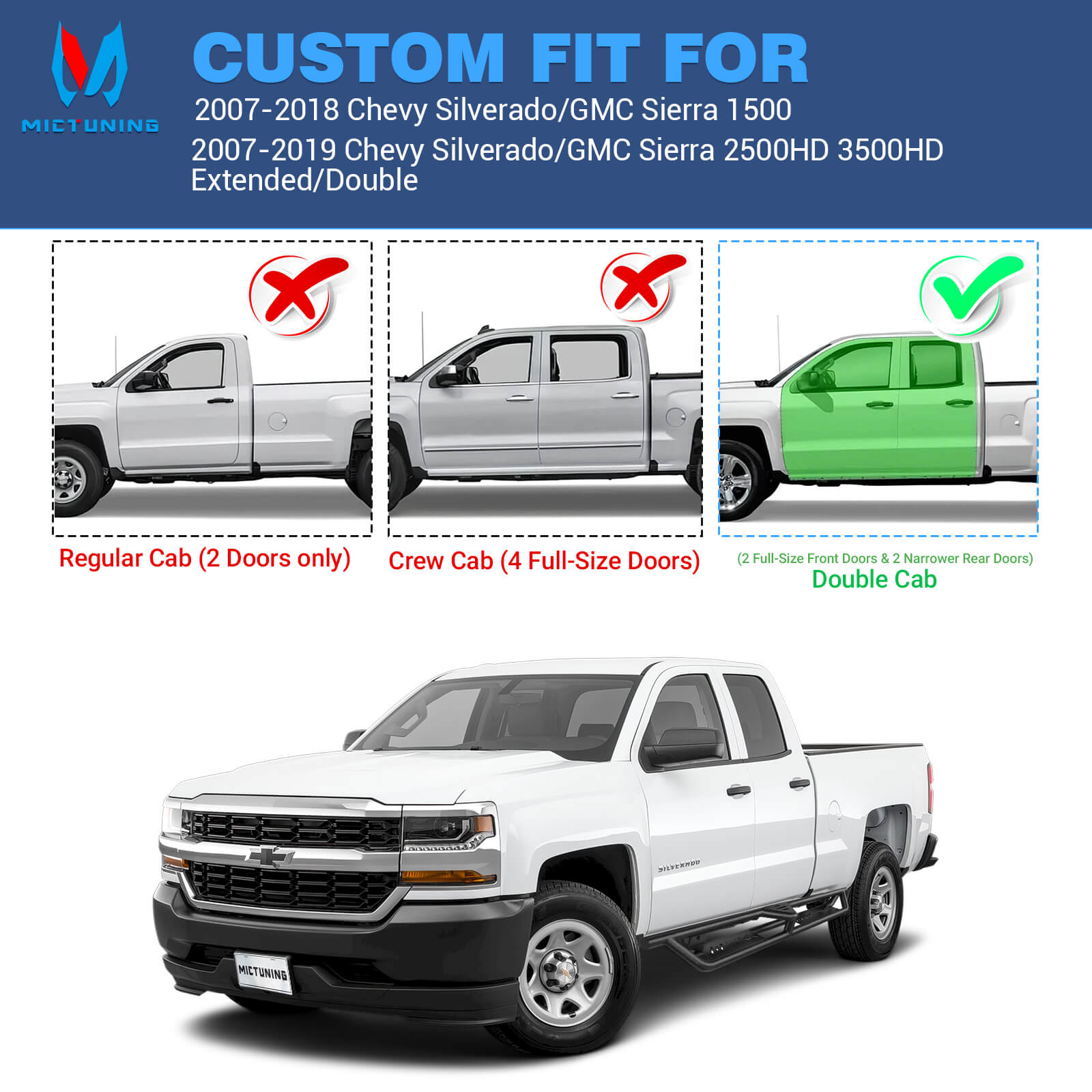 2007-2018 Chevy Silverado GMC Sierra 1500 2500HD 3500HD Extended/Double Cab Side Running Boards, Heavy-Duty Side Steps