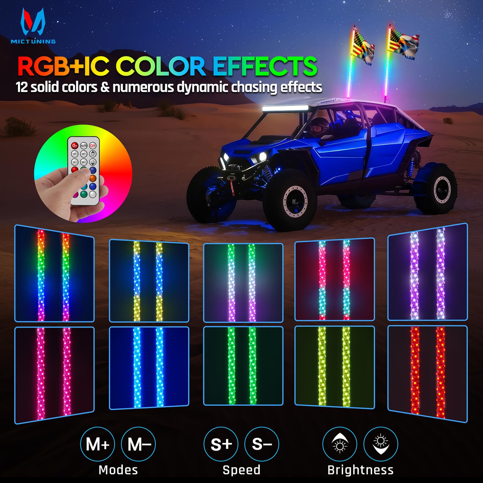 3FT/4FT RGB+IC Chasing Colors LED Whip Light, w/ Remote Control, Rocker Switch & 8 Flags, 1pc/2pcs