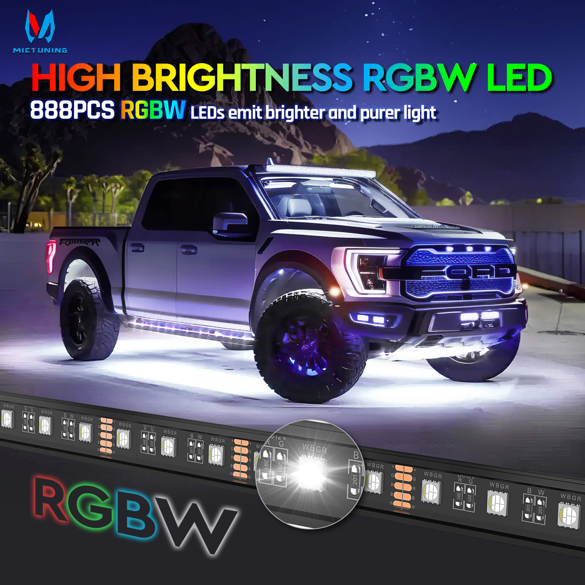 N8 Aluminum LED Car Underglow Light Kit, Exterior Underbody Light Strip 8PCS - Remote & Key Fob Dual Control（RGBW/RGB+IC）