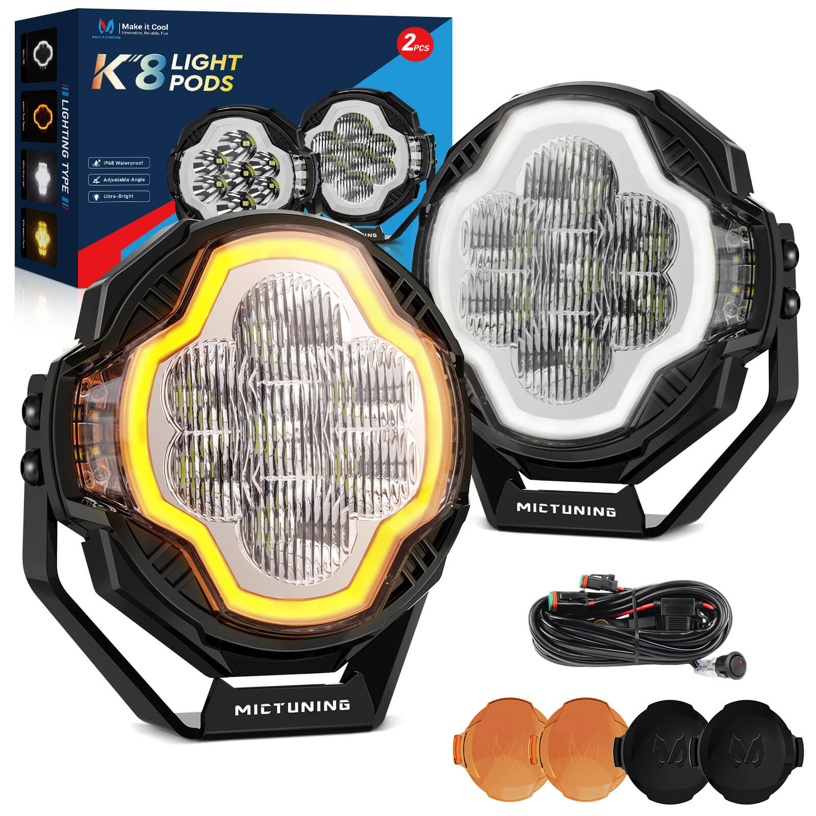 K8 Halo UltraDrive Pod Light 4 Inch/5 Inch, Offroad Driving Beam Extended Range & Wider Spread, LED Side Shooter, IP68 Waterproof, Pair