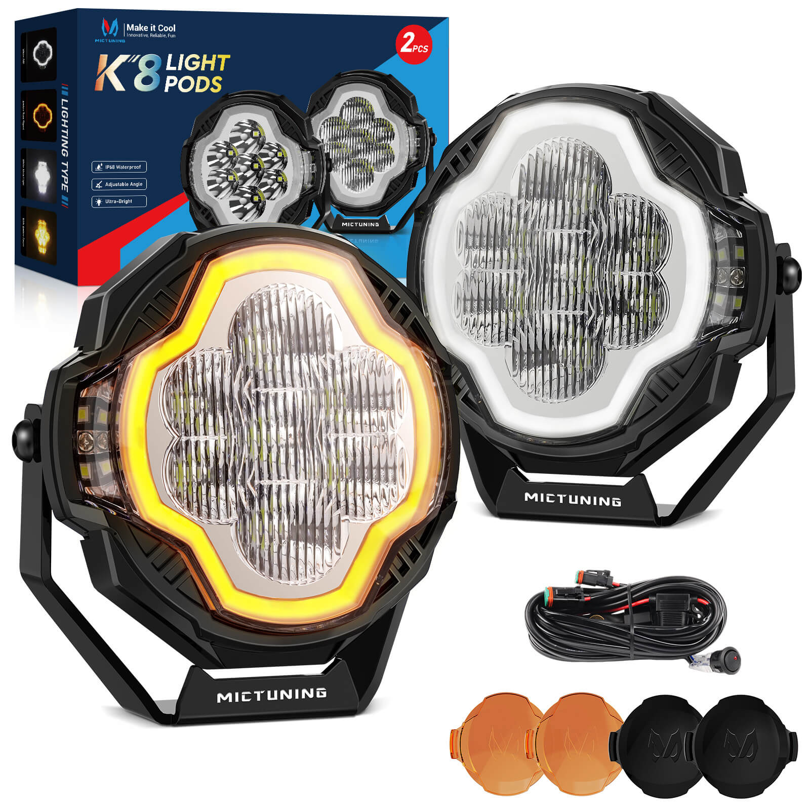 K8 Halo UltraDrive Pod Light 4 Inch/5 Inch, Offroad Driving Beam Extended Range & Wider Spread, LED Side Shooter, IP68 Waterproof, Pair