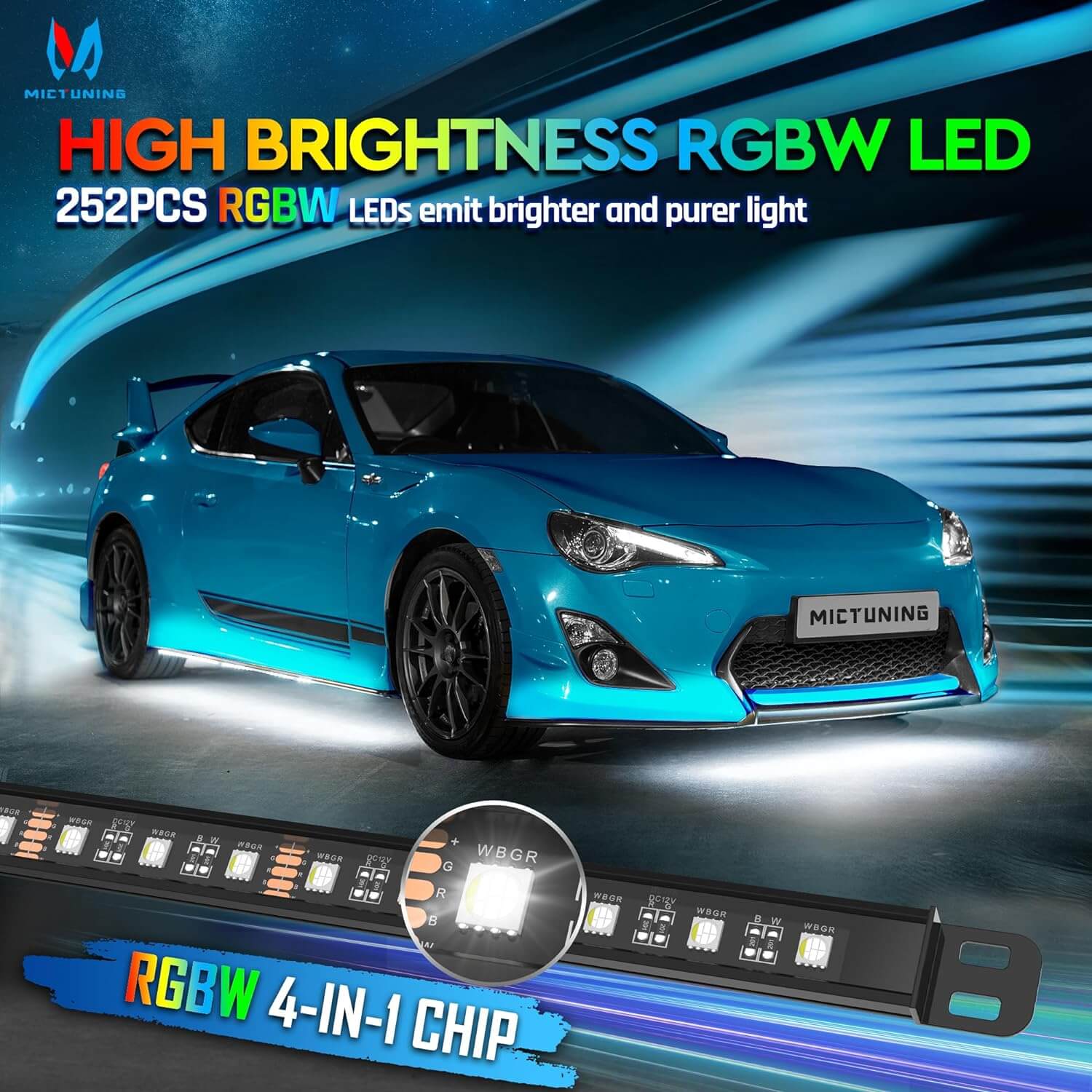 MICTUNING RGB Car Interior Lights - 4pcs 48 LEDs Car LED Strip Atmosphere  Light with Remote and Control Box, Music Sync Waterproof