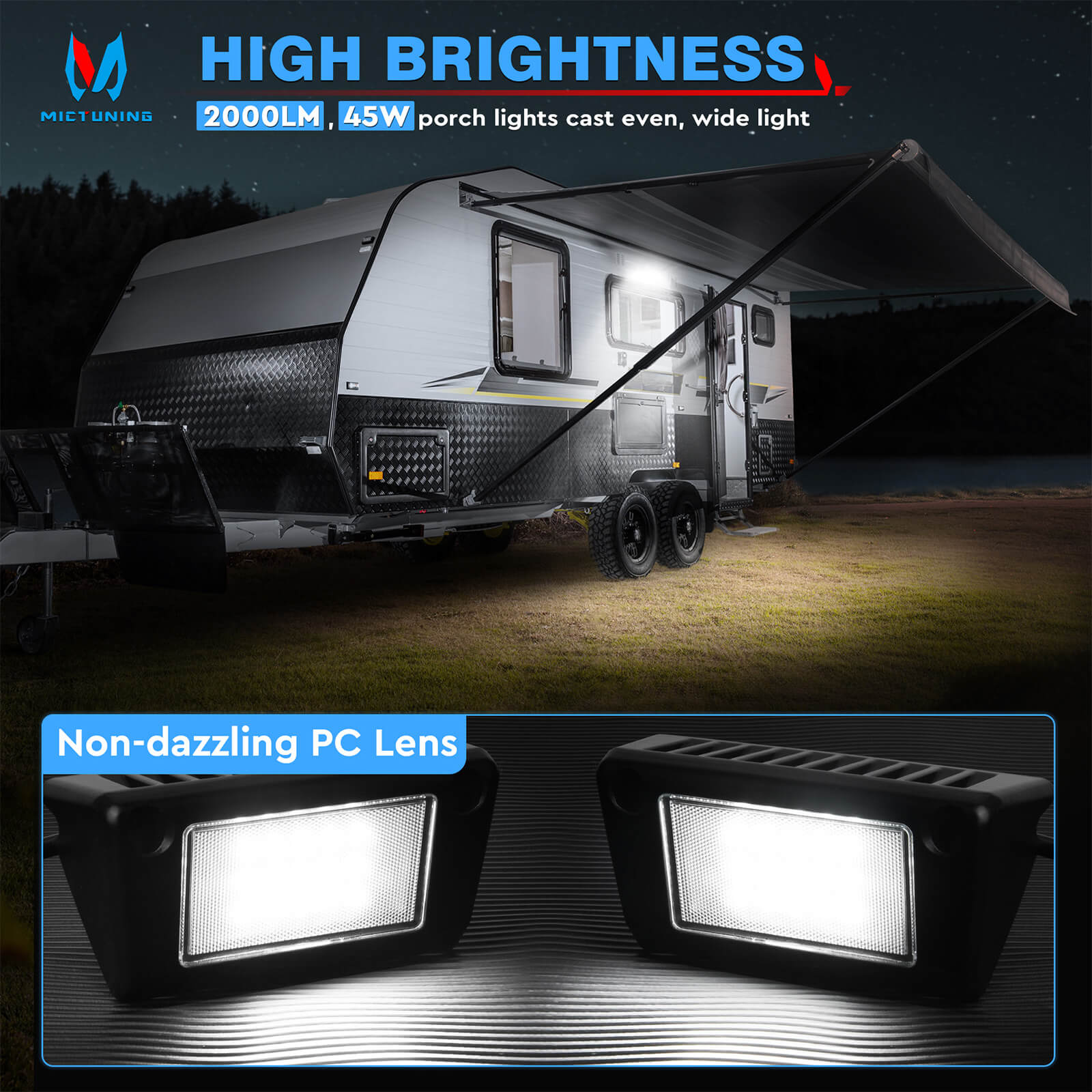 Upgraded 2pcs RV Porch Lights 5 Inch 45W LED Exterior Utility Awning Light 2000LM 6000K, Aluminum Housing IP67 Waterproof