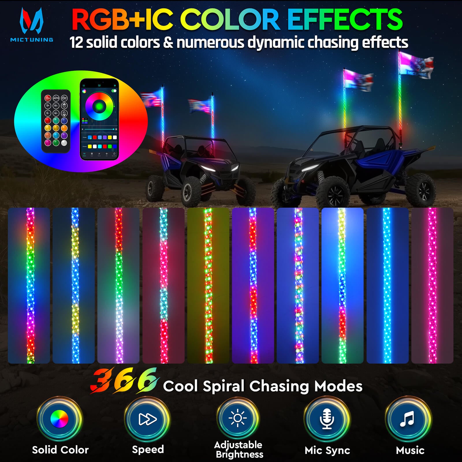 3FT/4FT LED Whip Light RGB+IC Chasing Colors, APP & Remote Control, w/ Rocker Switch & 8 Flags, Brake/Turn Signal/Reverse, 1pc/2pcs