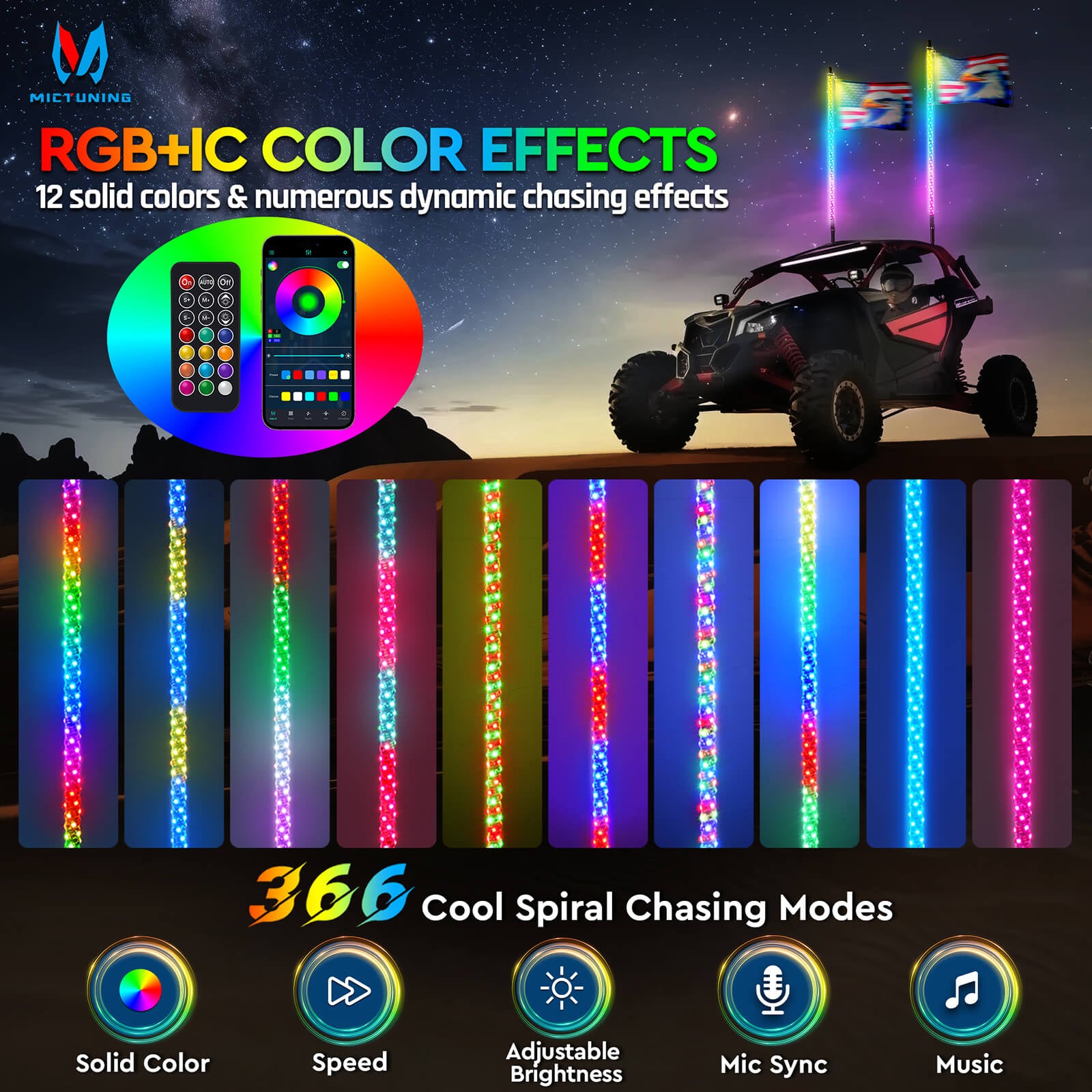 3FT/4FT LED Whip Light RGB+IC Chasing Colors, APP & Remote Control, w/ Rocker Switch & 8 Flags, Brake/Turn Signal/Reverse, 1pc/2pcs