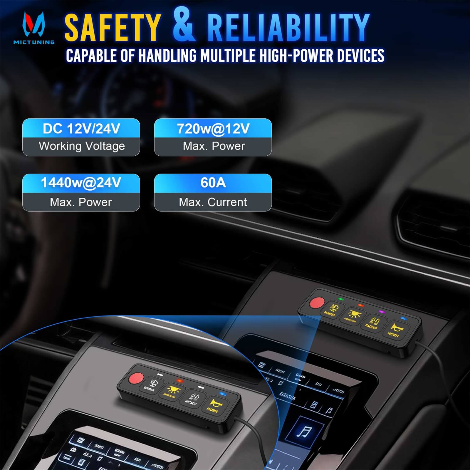 AS-40/AS-60 4 Gang/6 Gang Switch Panel, High Power Multifunction Toggle Momentary Strobe Circuit Control Relay System Box with Strong Adhesive