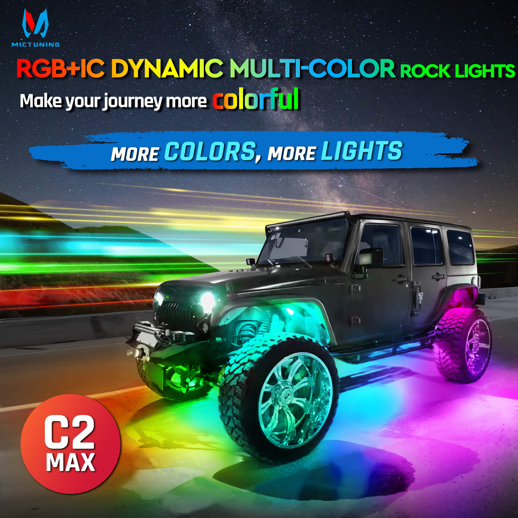 C2 RGB+IC Chasing Color LED Rock Lights Kit Bundle W1 3FT/4FT Spiral LED Whip Lights Kit