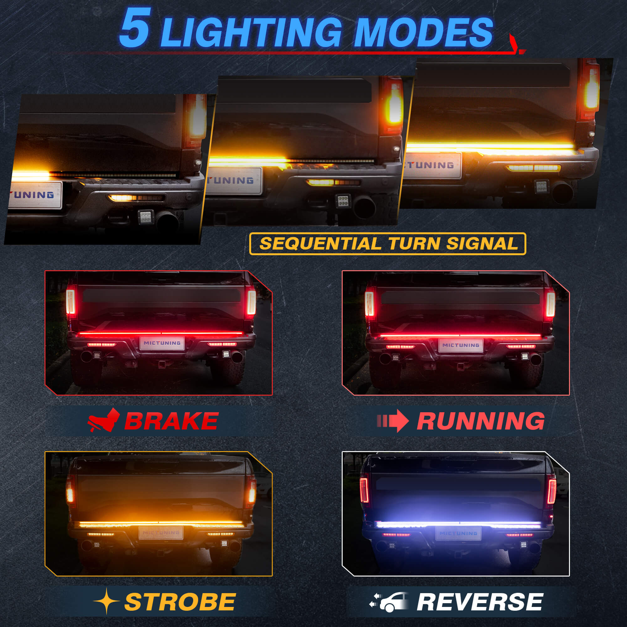 60" Foldable Tailgate Light Bar 3 Rows Light Strip,  LED Sequential Turn Signal Brake Running Reverse, No Drilling