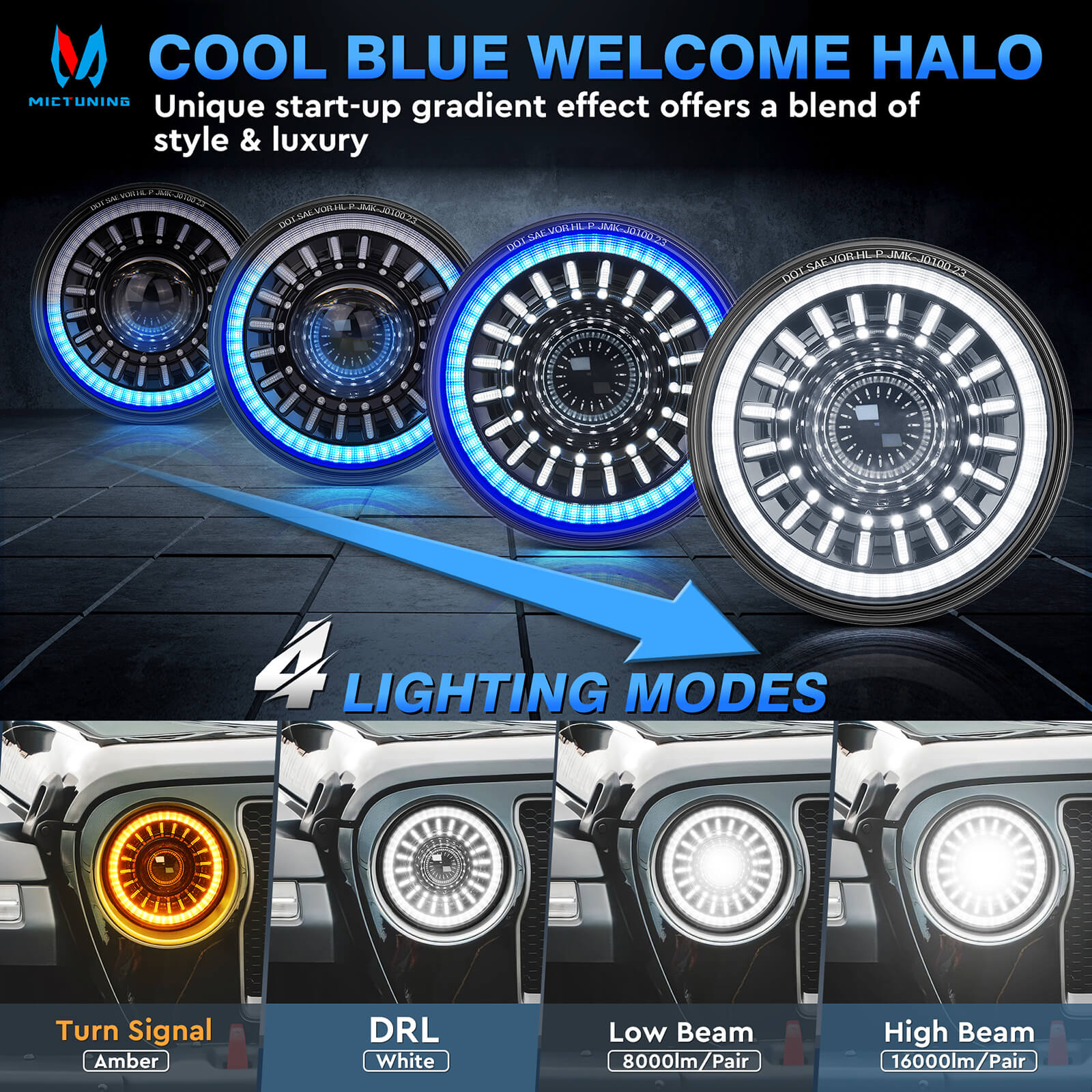 J1 7″ LED Headlights with Blue Welcome Halo Bundle with P1s-X RGB 5" Switch Panel