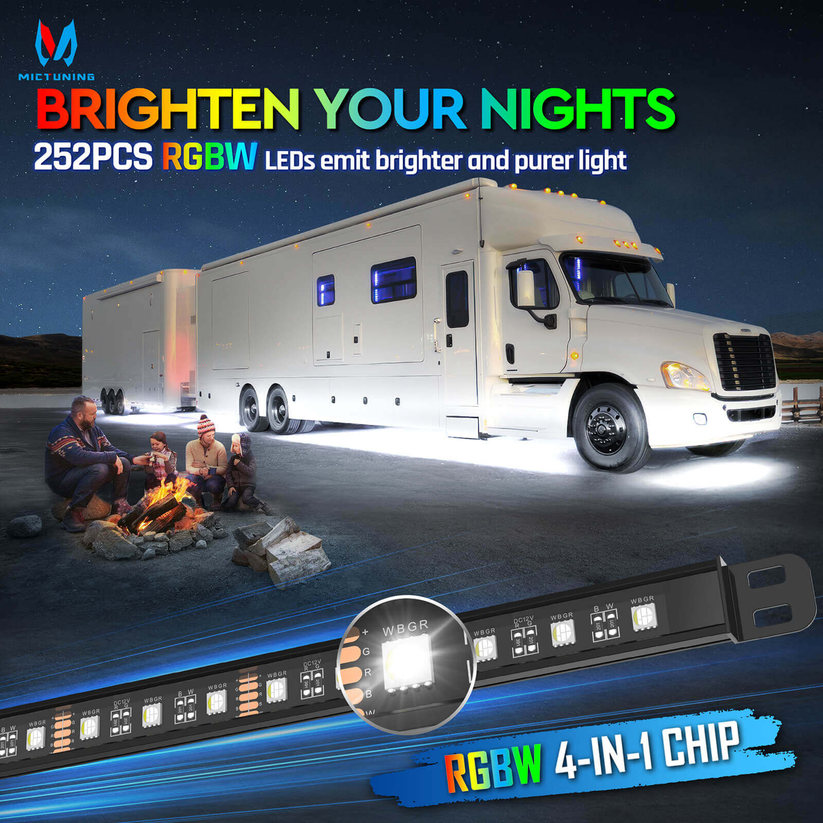 N8 RGBW Underglow Light Bars(RV Version), App/Remote Control, w/ 2pcs 11.4ft Extension Cords