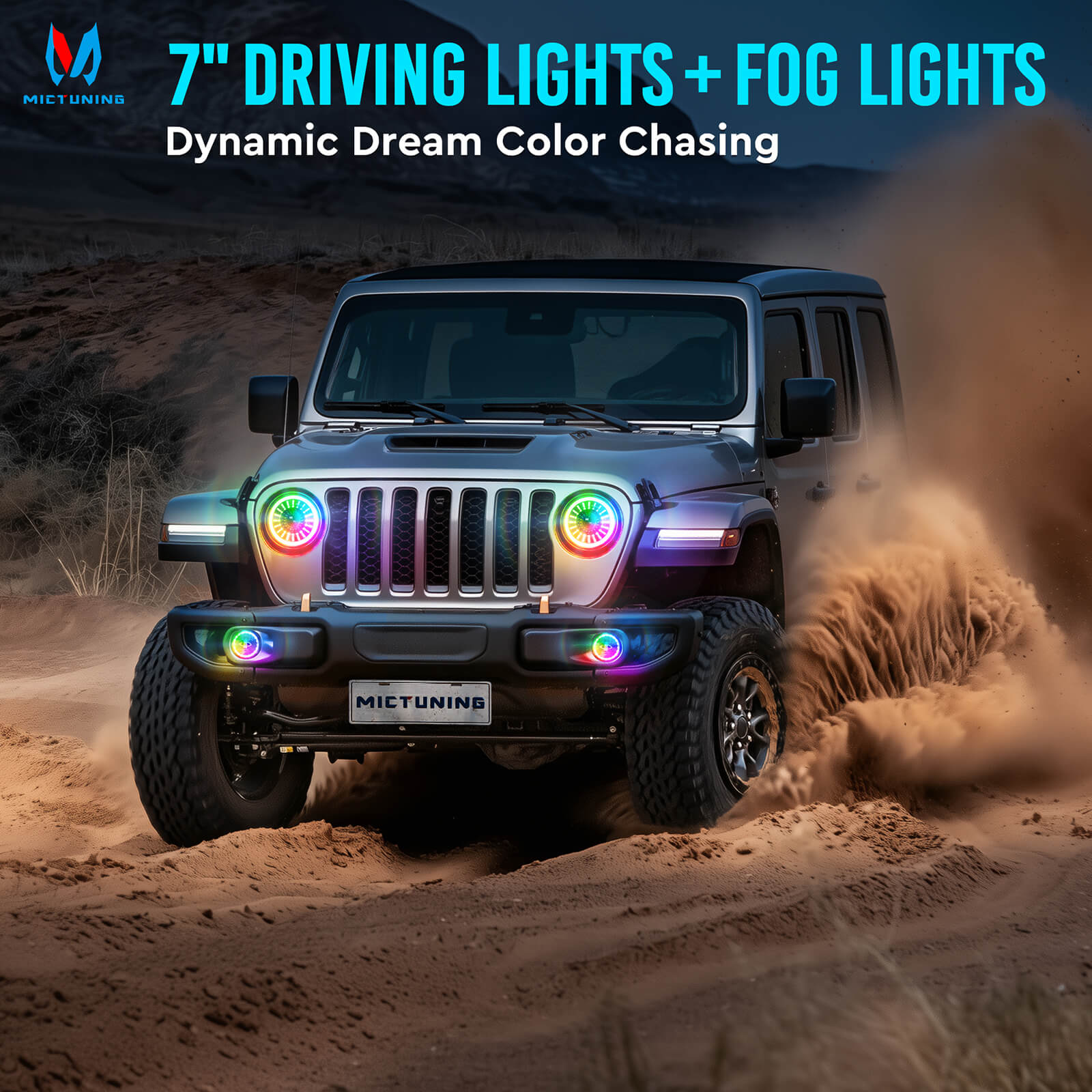 J1 RGB+IC 7″ LED Headlights with Fog Lights Assembly, Multi-color Chasing, DOT Approved For 1997-2018 Jeep Wrangler TJ JK Chevy Ford GMC