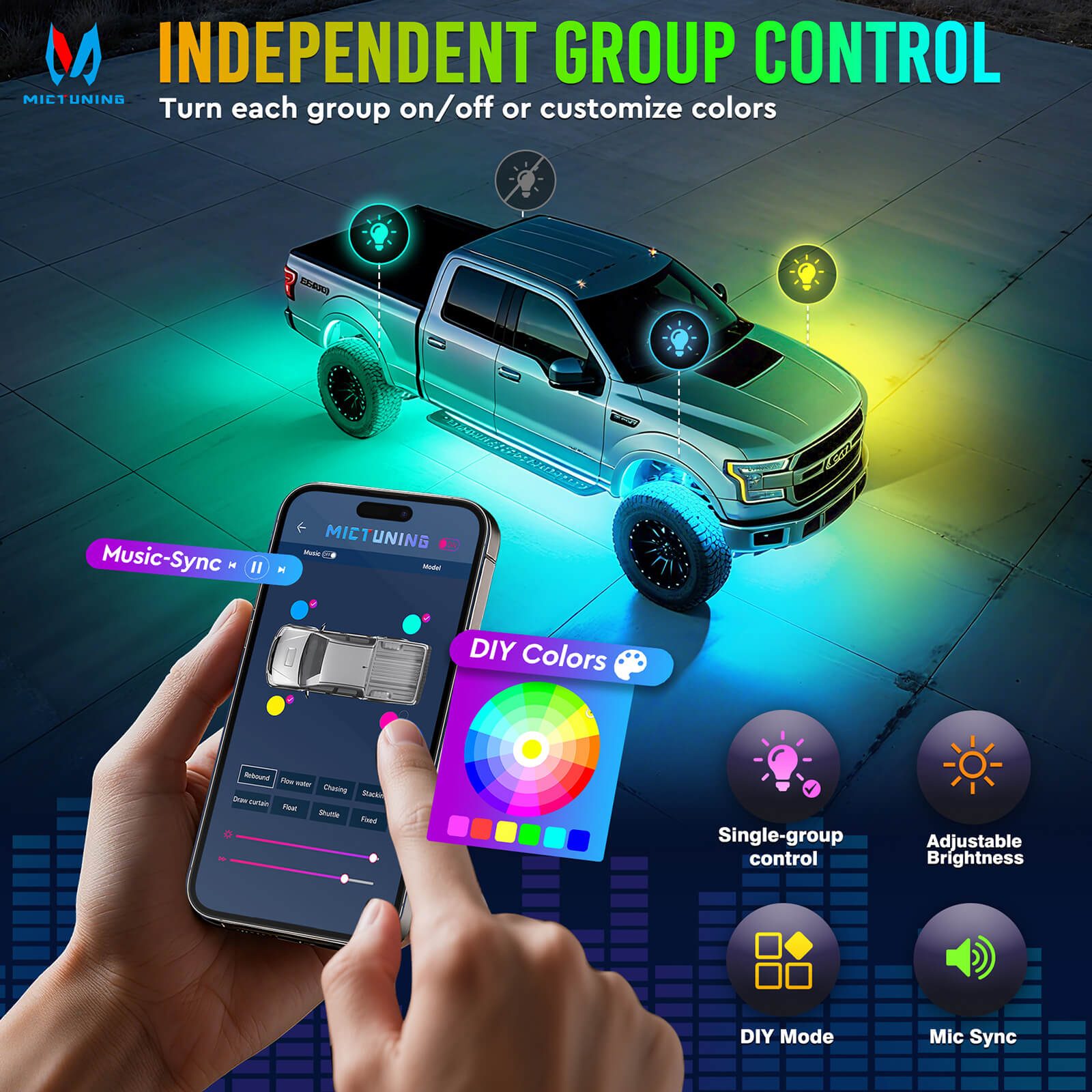 Newest Q2 MAX RGB+IC Rock Lights, 8-16 Pods Multi-Color DIY Effect Underglow Neon Kit, Individual Group Control, Extensible Up to 20 Pods, APP Control