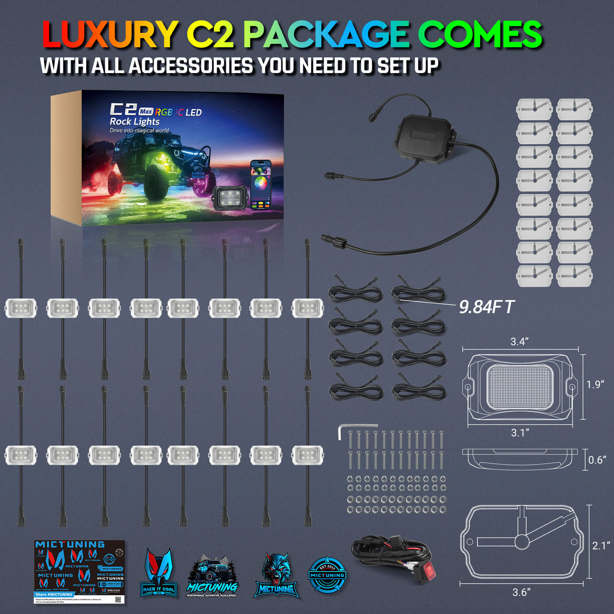 C2 Max RGB+IC Chasing Color Rock Lights Kit, 8/16 Pods, IP68 Waterproof, White