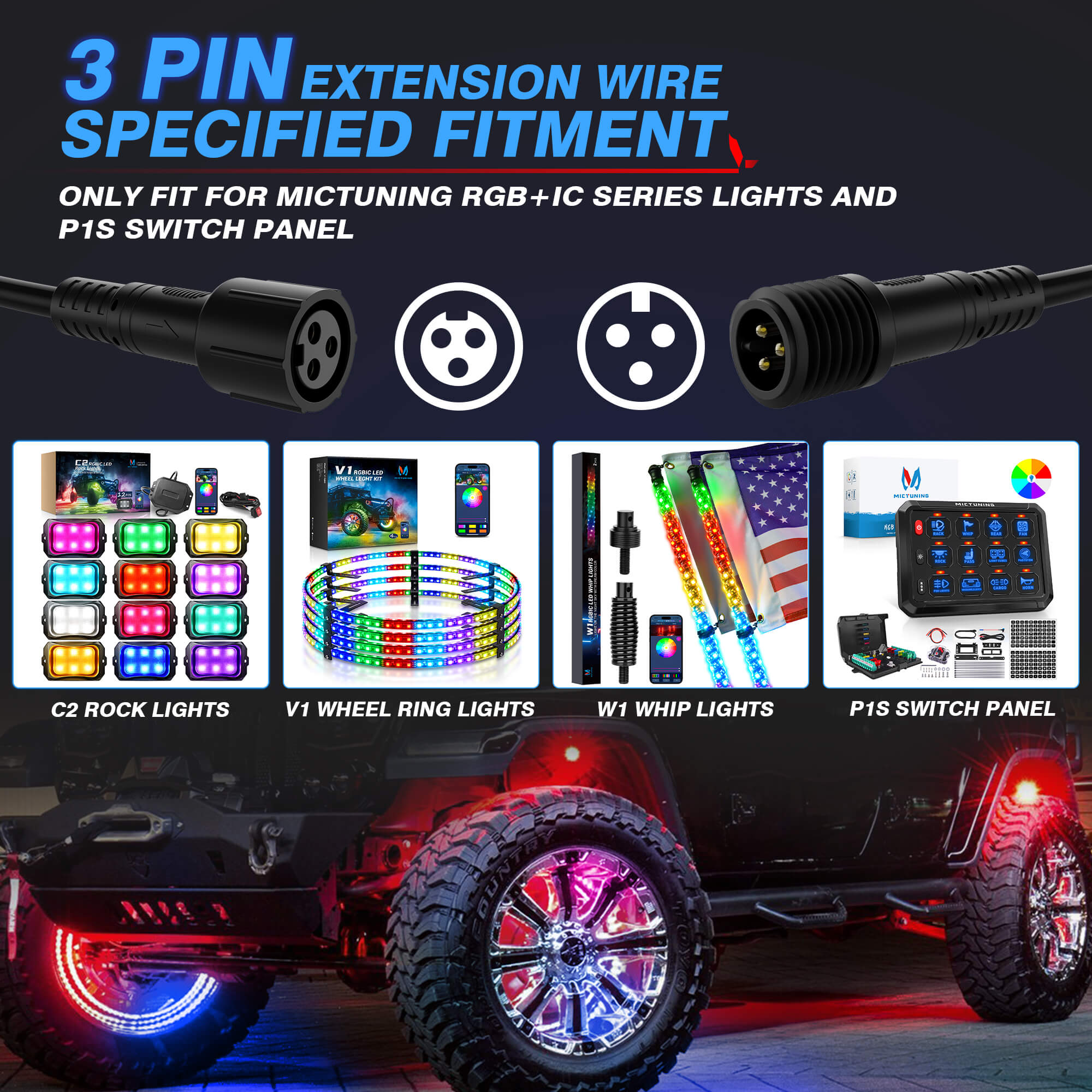 MICTUNING C2 RGB+IC Chasing Color LED Rock Lights Kit Bundle W1 Spiral LED  Whip Lights Kit