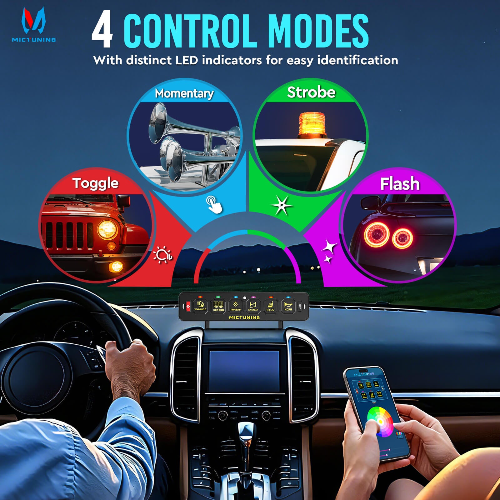 MS-A Slim App Control Switch Panel 4 Gang/6 Gang, RGB Auto-dimming Backlit, Multifunction Toggle Momentary Flash Strobe Circuit Control Relay System Box