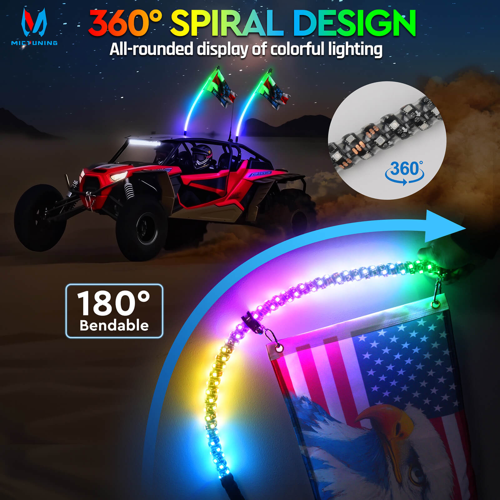 3FT/4FT RGB+IC Chasing Colors LED Whip Light, w/ Remote Control, Rocker Switch & 8 Flags, 1pc/2pcs