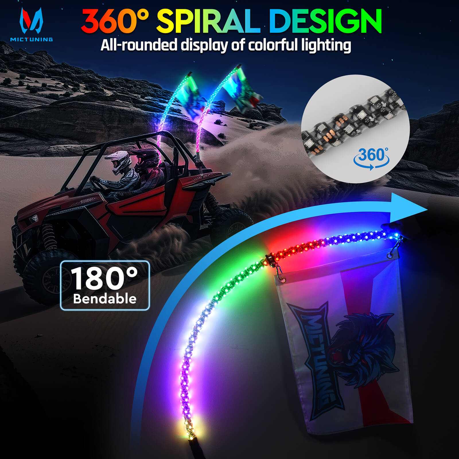 3FT/4FT LED Whip Light RGB+IC Chasing Colors, APP & Remote Control, w/ Rocker Switch & 8 Flags, Brake/Turn Signal/Reverse, 1pc/2pcs